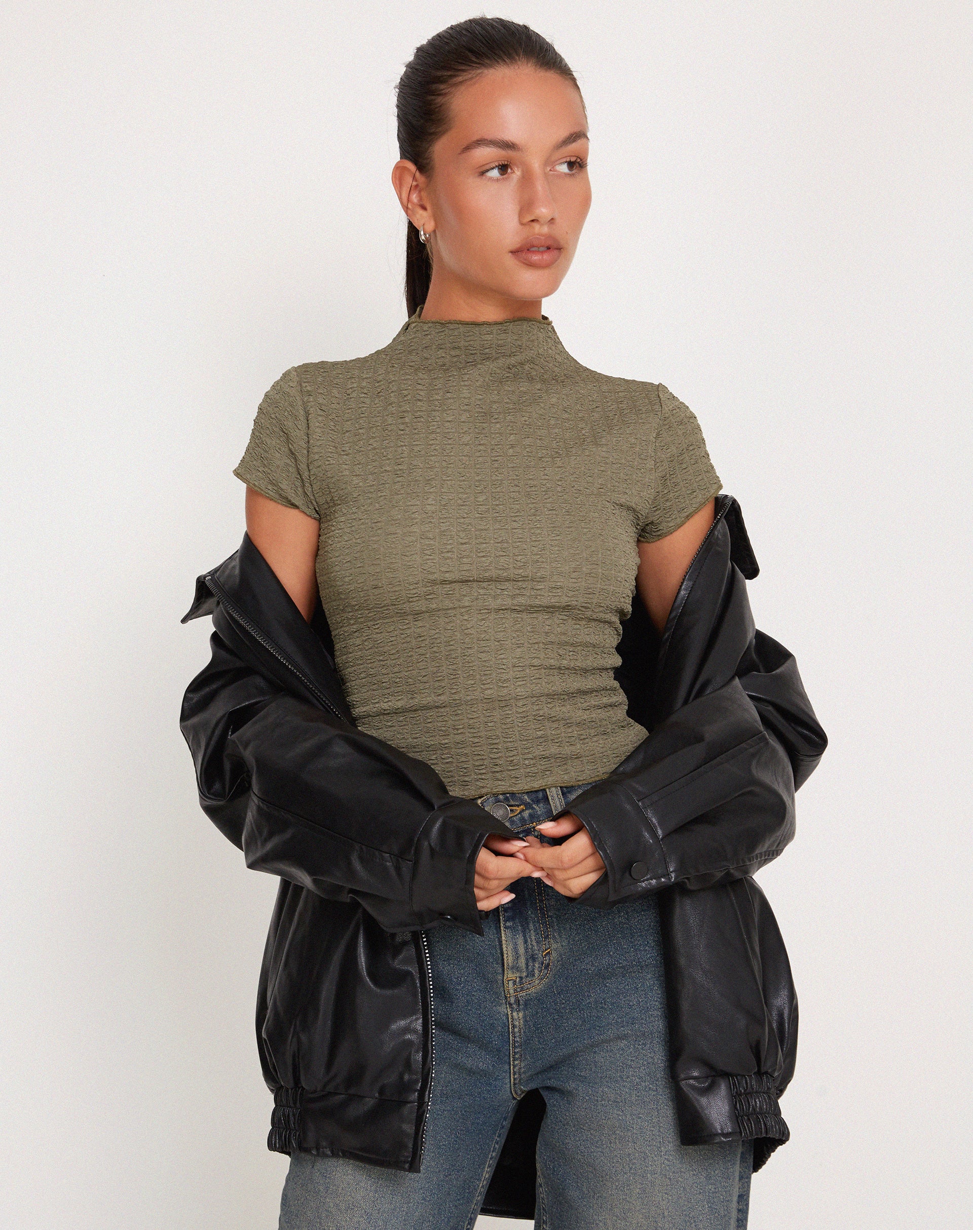 Khaki high shop neck top