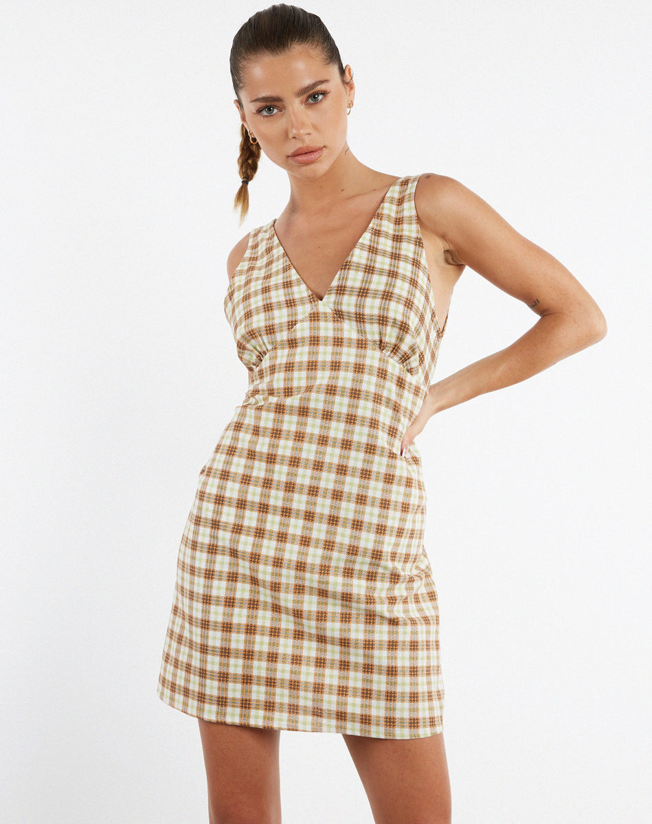 Yellow and Brown Plunge V-neckline Check Print Day Dress | Eluned ...