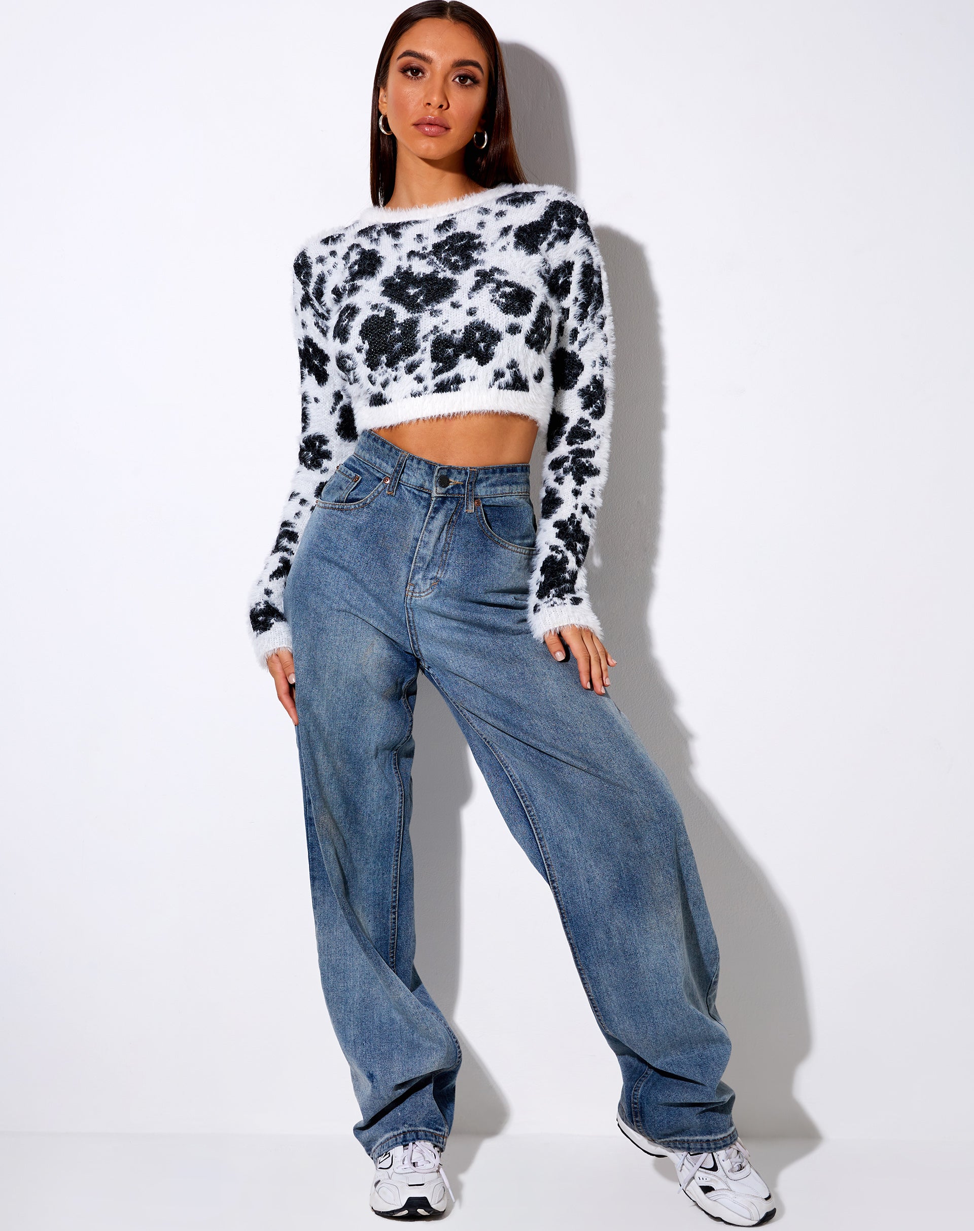 Black and White Cow Print Cropped Fluffy Jumper