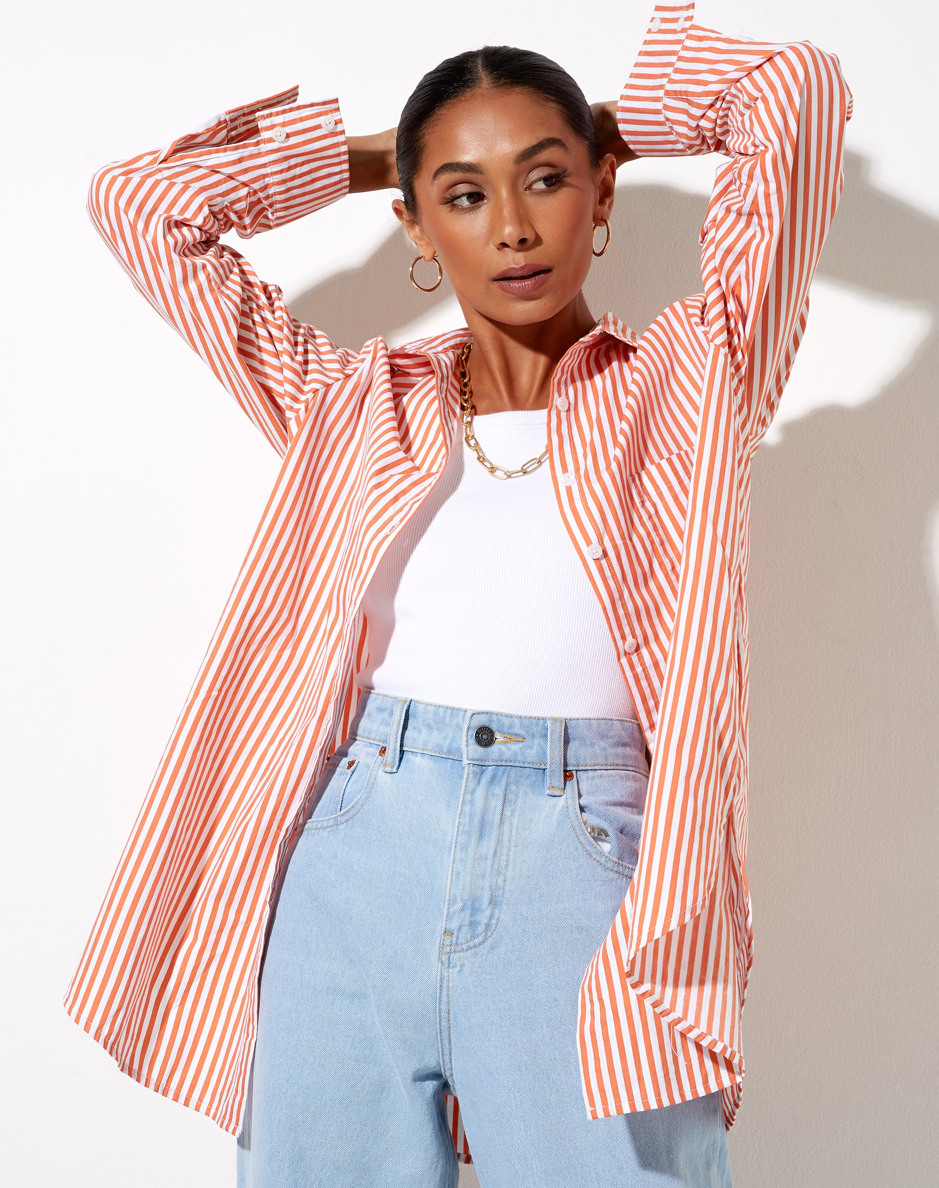 Orange and white vertical sales striped shirt