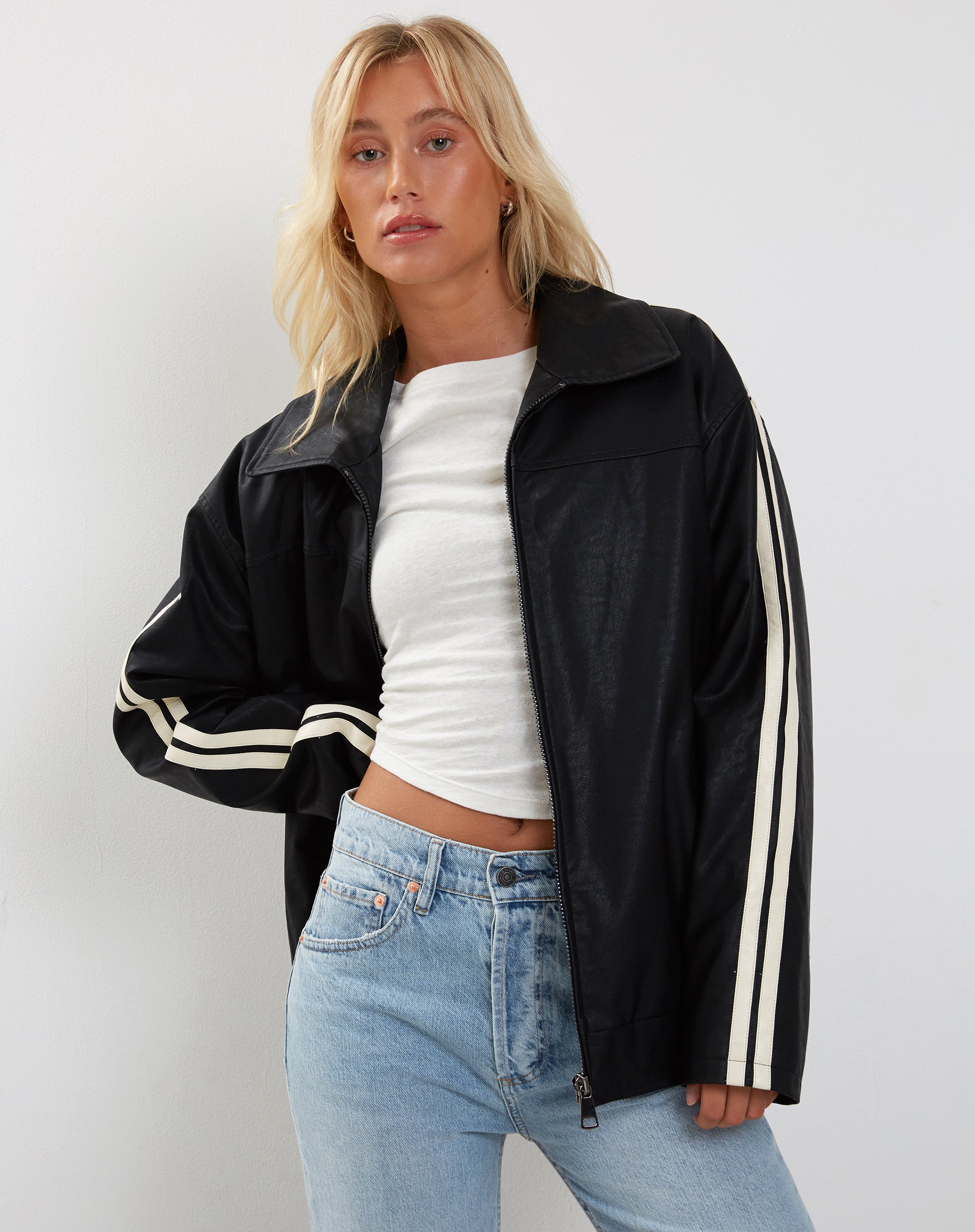 Black PU with Beige Stripe Zip Up Jacket | Javana – motelrocks.com