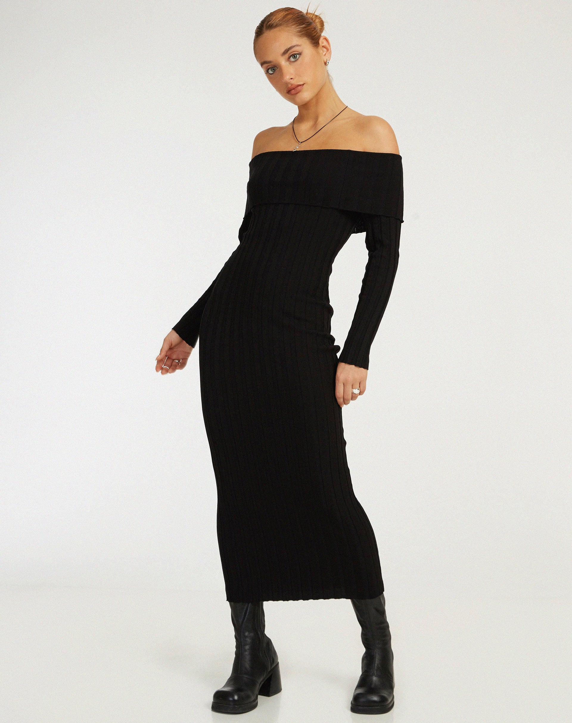 Black long sleeve bardot dress hotsell