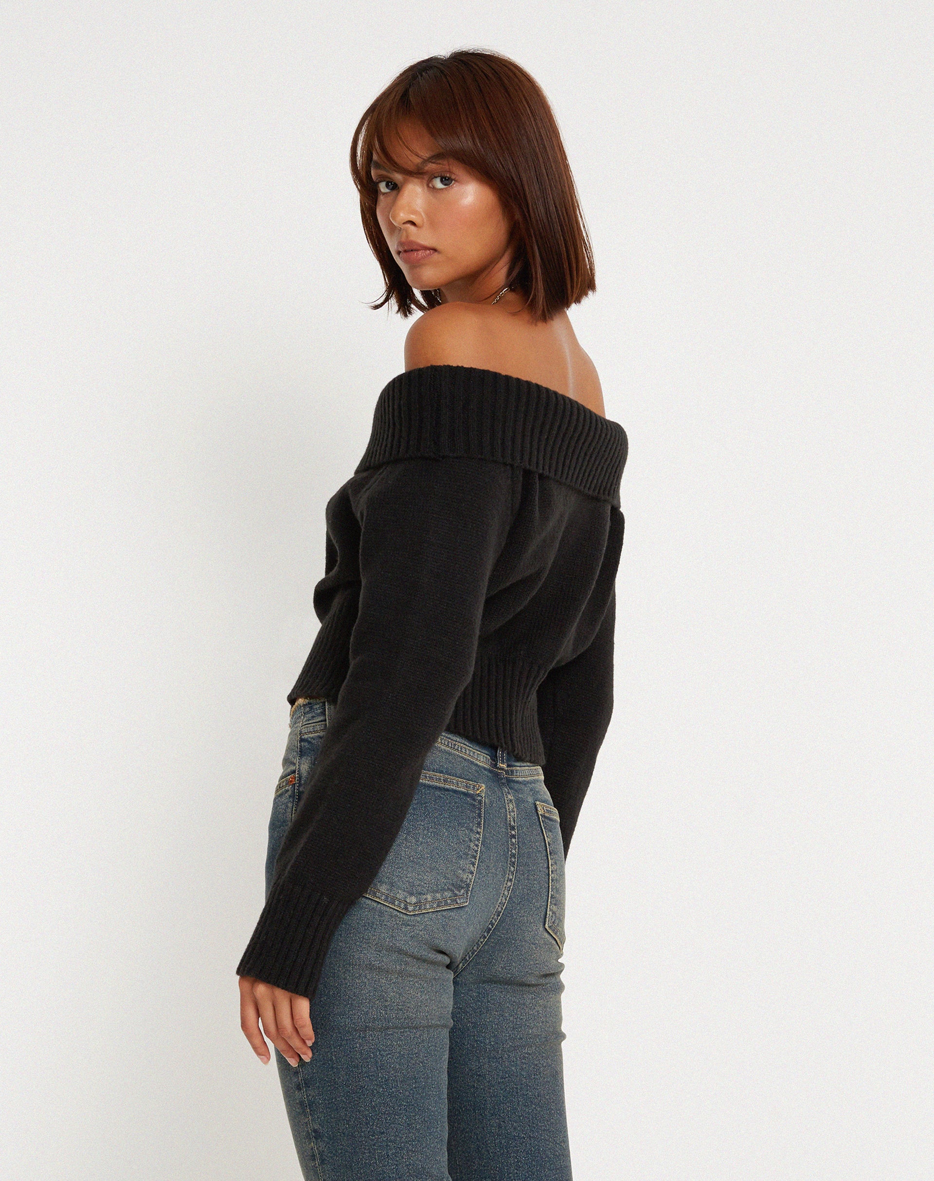 Black Knit Bardot Long Sleeve Top | Koriya – motelrocks.com