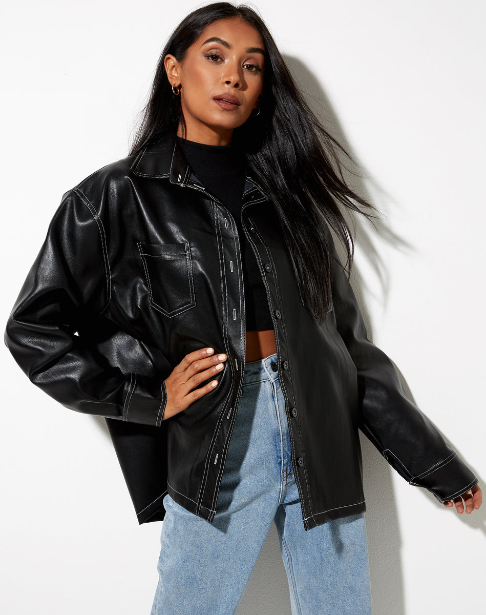 Oversize Faux Leather Black Shirt | Lumberjack – motelrocks.com