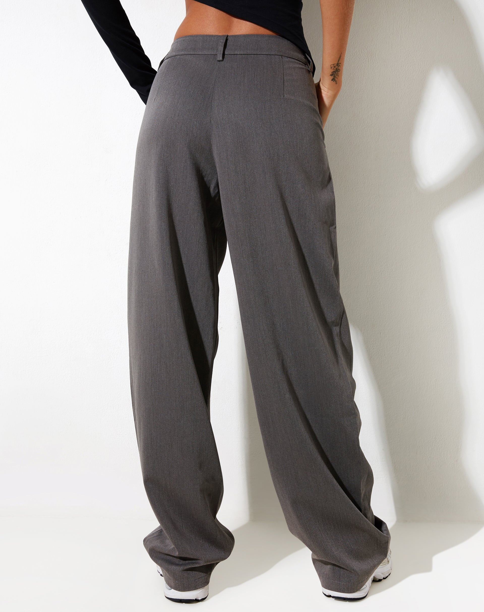 Dark Grey High Waisted Zip Fastening Wide Leg Trousers | Sakaria