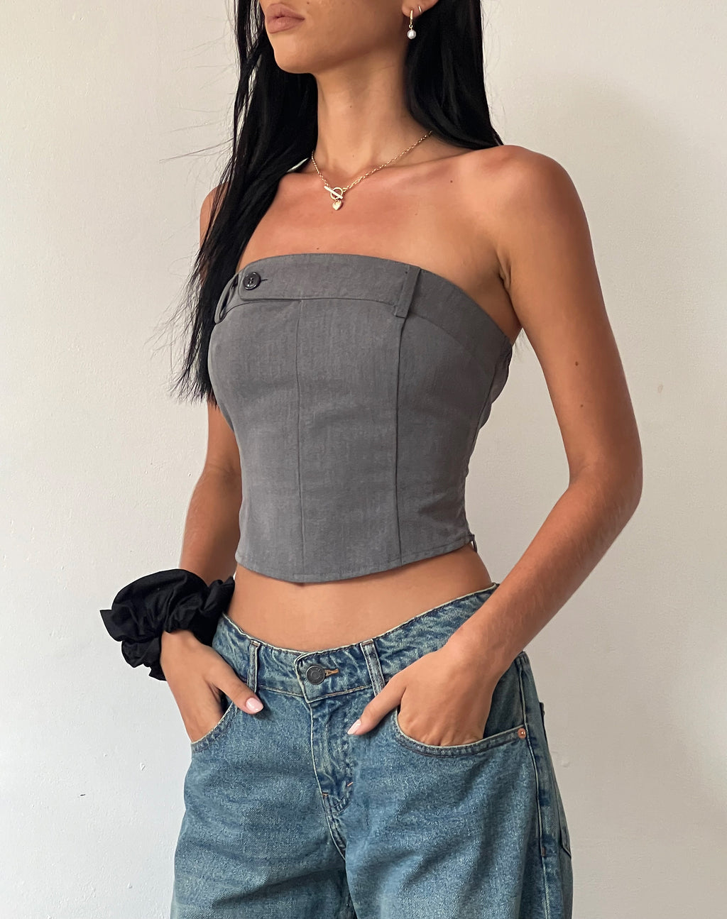 The Kript bandeau 90s crop top with button detail in grey pinstripe co-ord