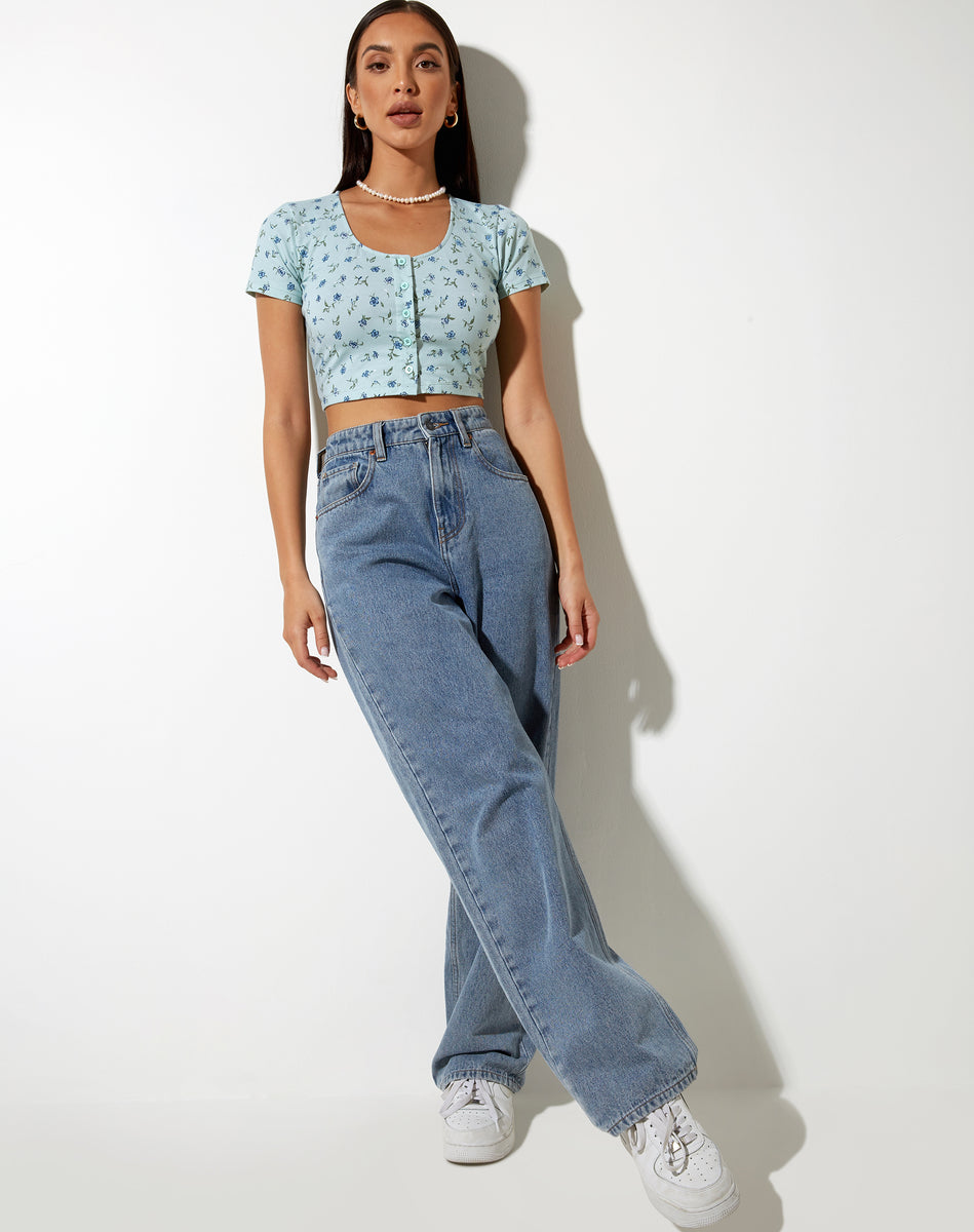 Short Sleeve Pastel Green Floral Print Button Up Crop Top | Mieye ...