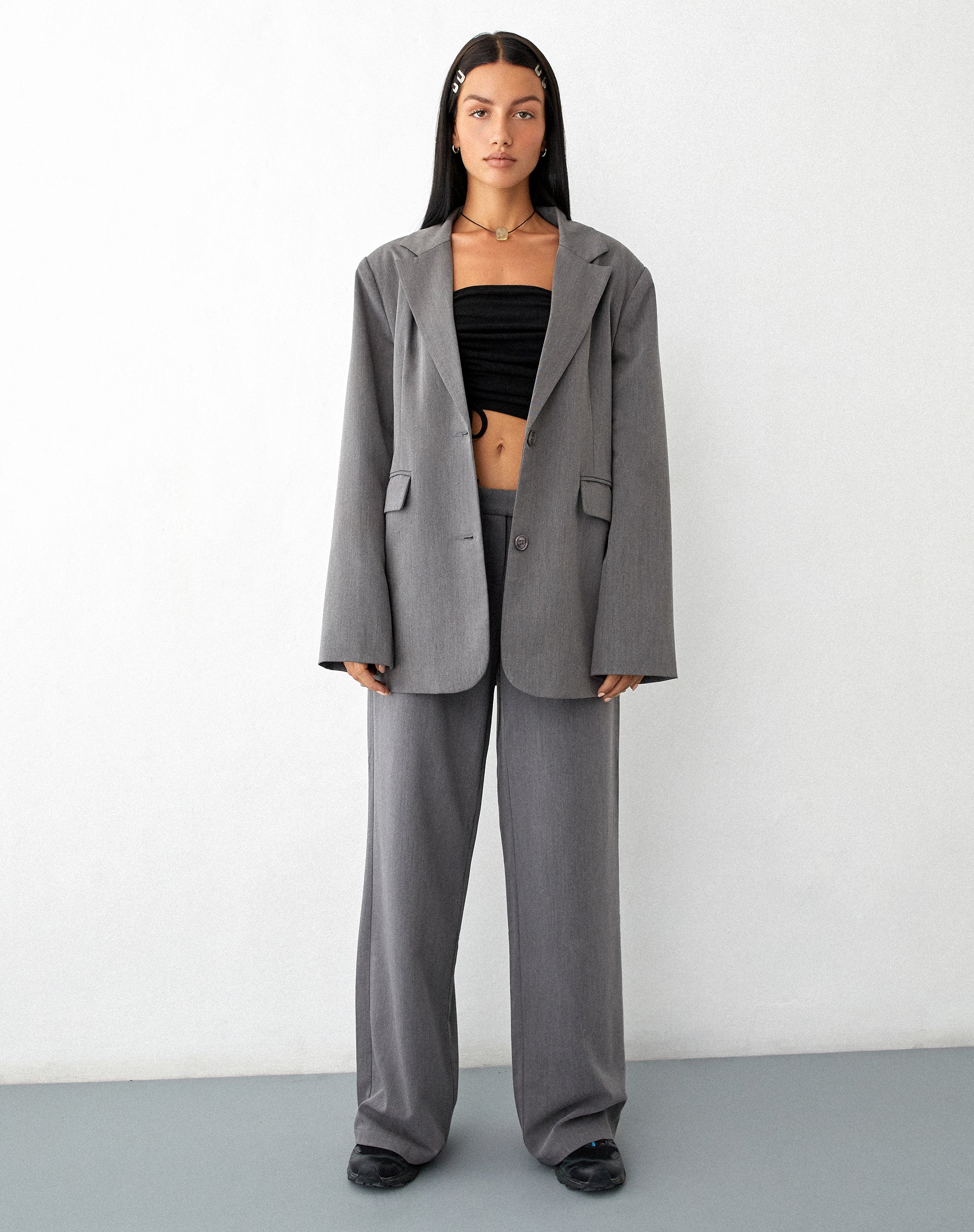 Dark Grey Oversized Longline Suit Blazer | Maiwa – motelrocks.com