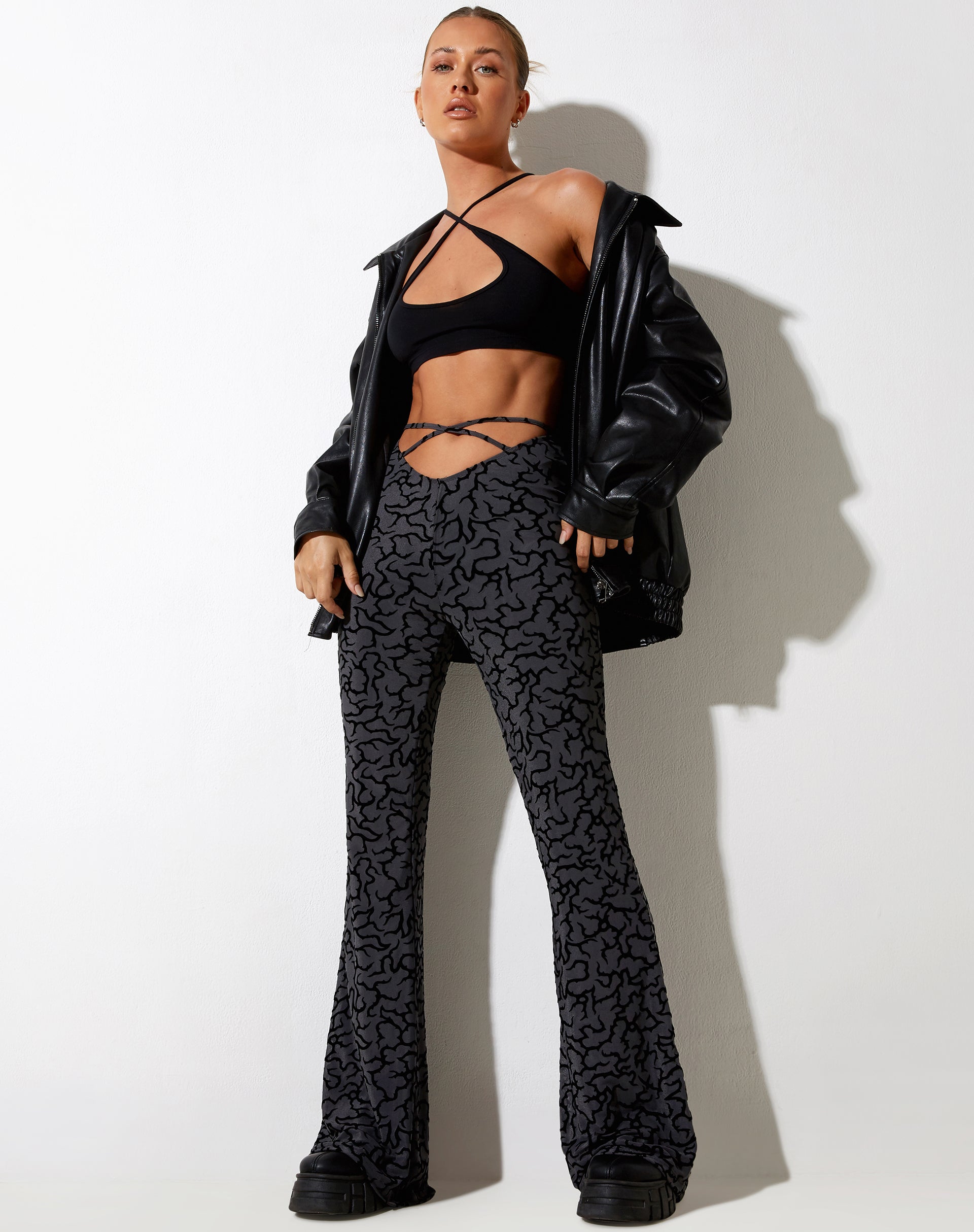 High Waist Black and Grey Flare Trouser | Nancha – motelrocks.com