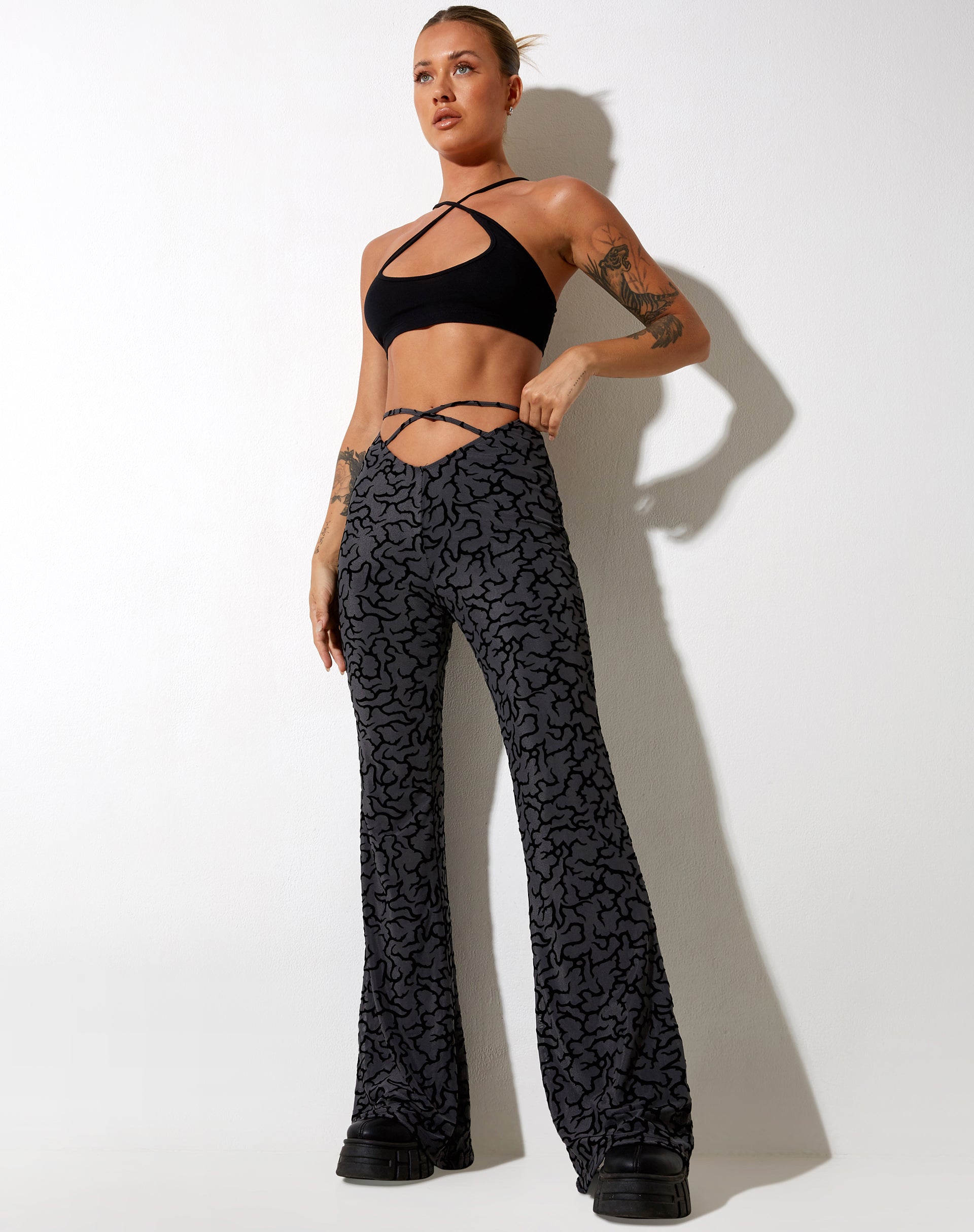 High Waist Black and Grey Flare Trouser | Nancha – motelrocks.com