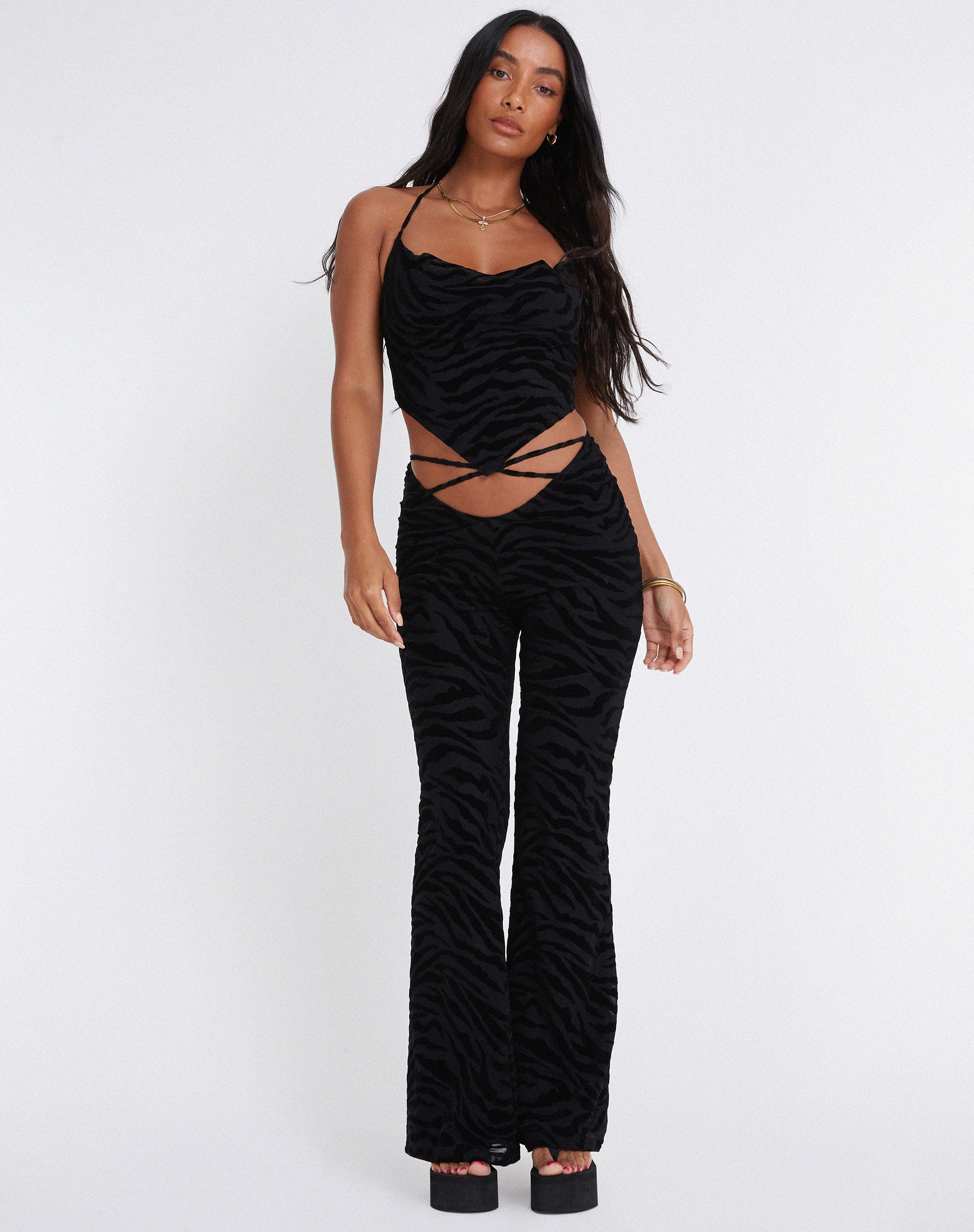 Zebra Flock Black Printed Flare Trousers | Nancha – motelrocks.com