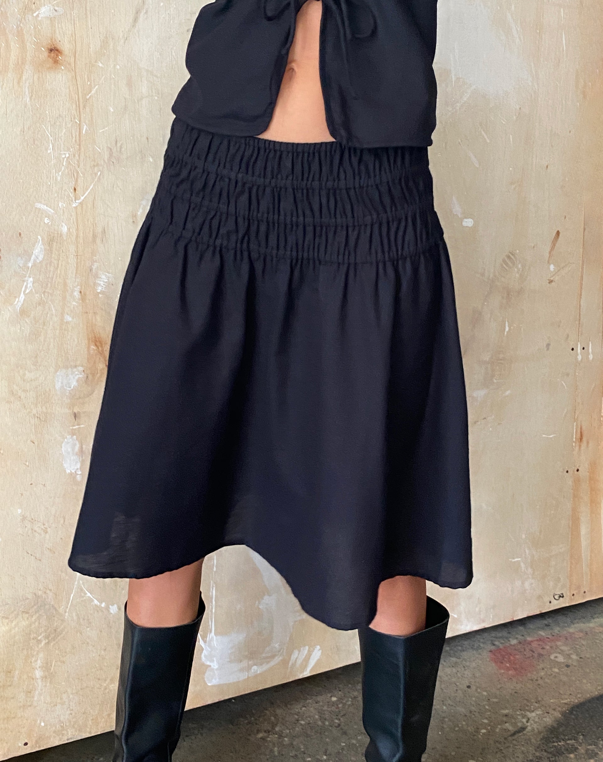 Shirred-Waist Midi Skirt