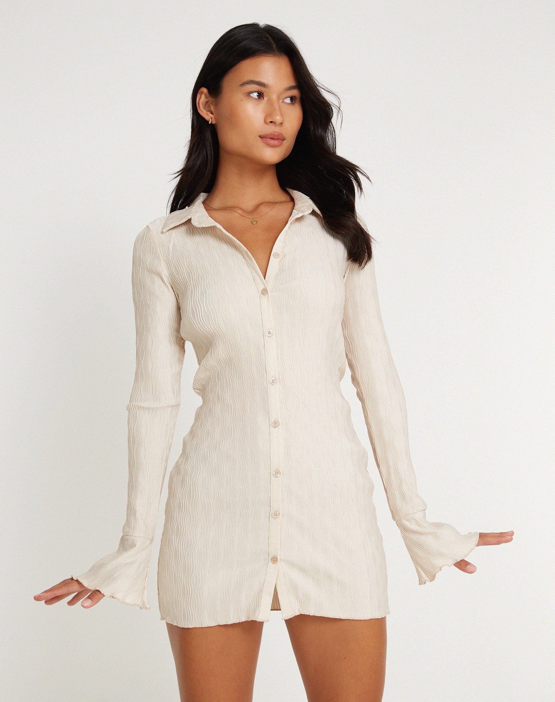 Nitara Button Up Mini Dress in Crinkle Beige