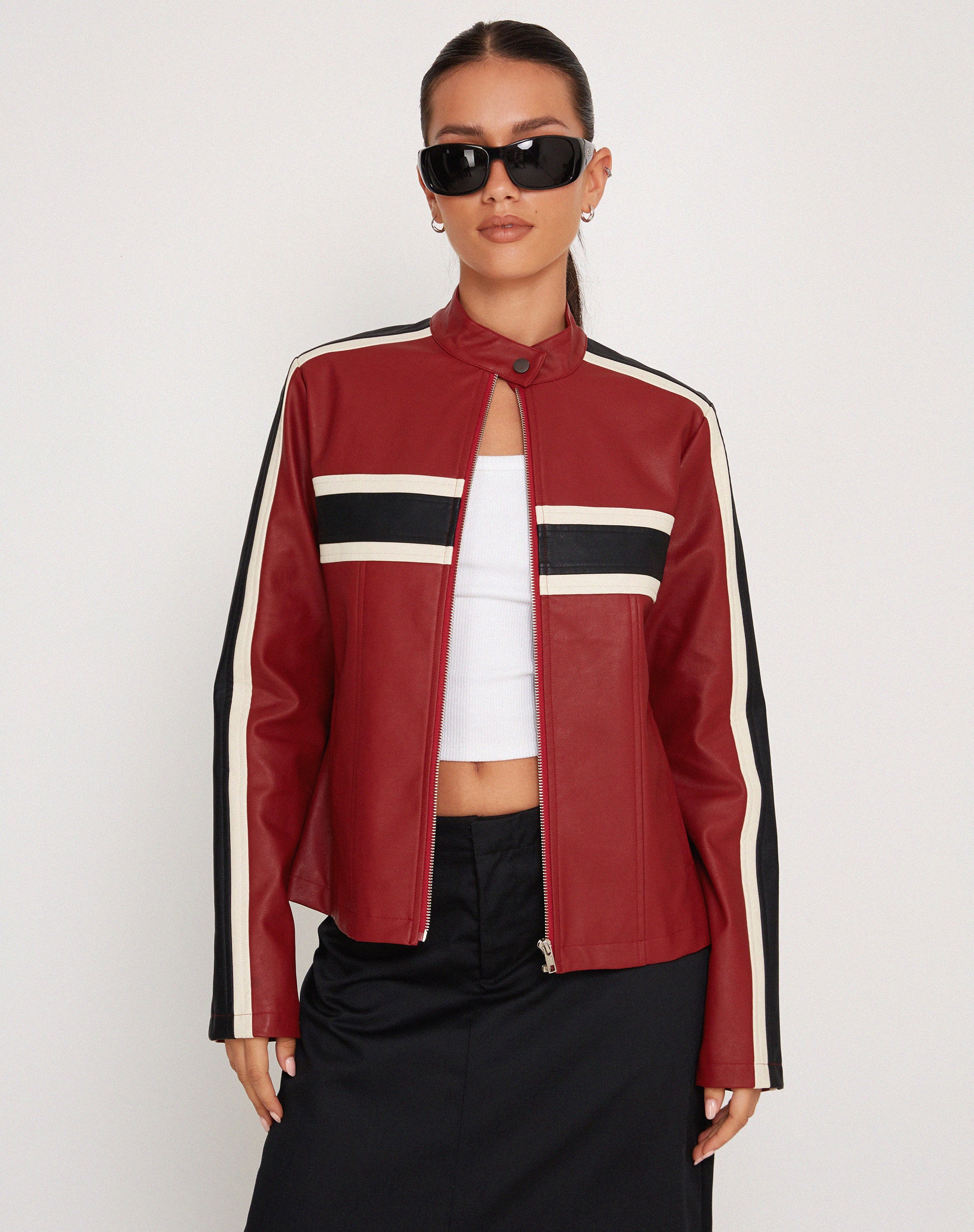 Black jacket shop red stripes