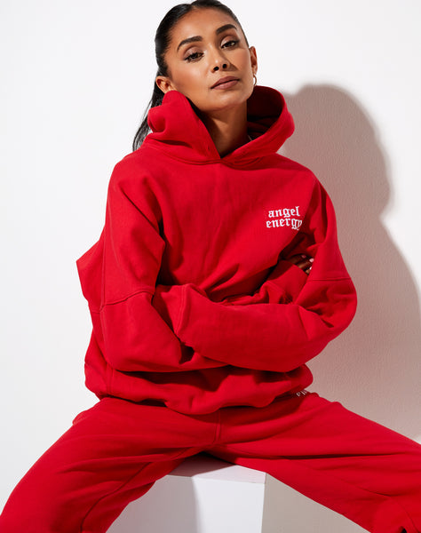 Red Hoodie with White Angel Energy Embroidery | Oversize Hoodie