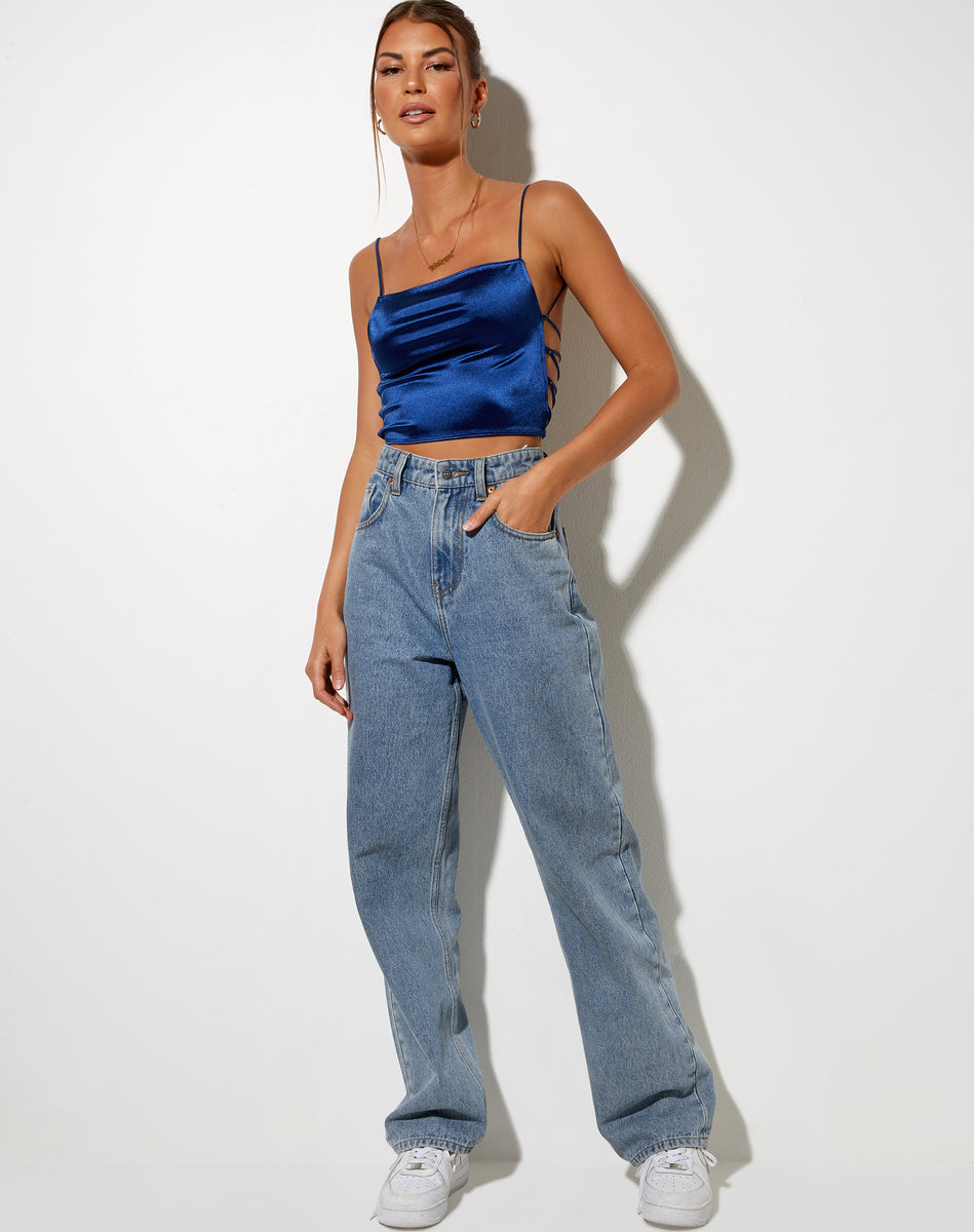 Backless Satin Navy Blue Crop Top | Ozka – motelrocks.com