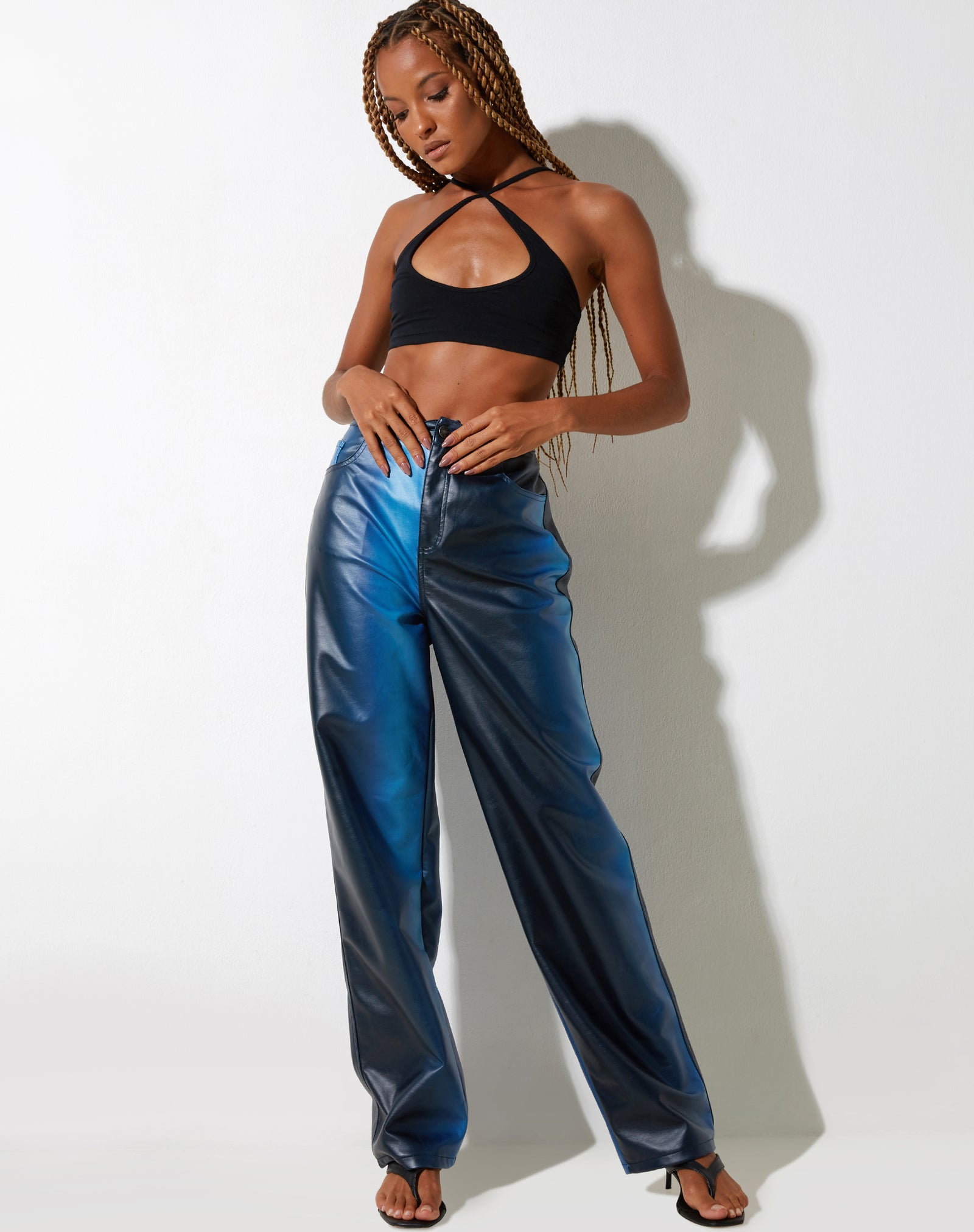 Womens Blue MidRise Solid Satin Tapered Pants