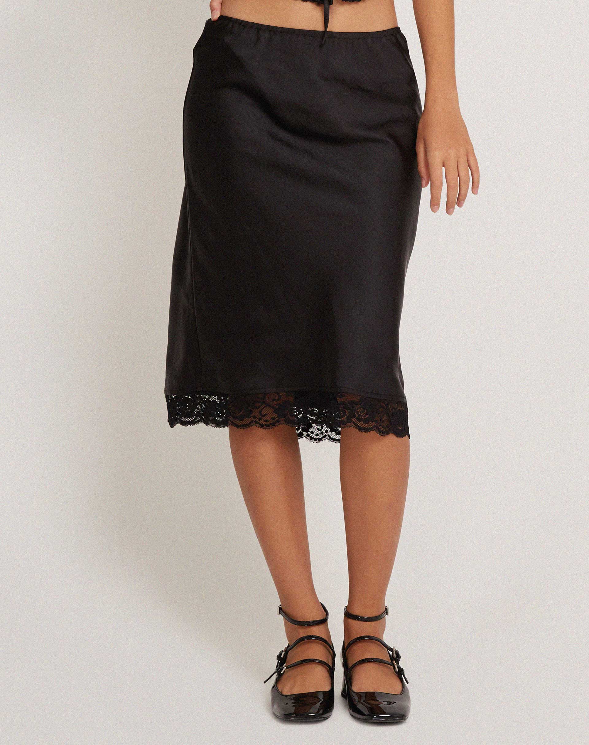 Black satin skirt with lace sale