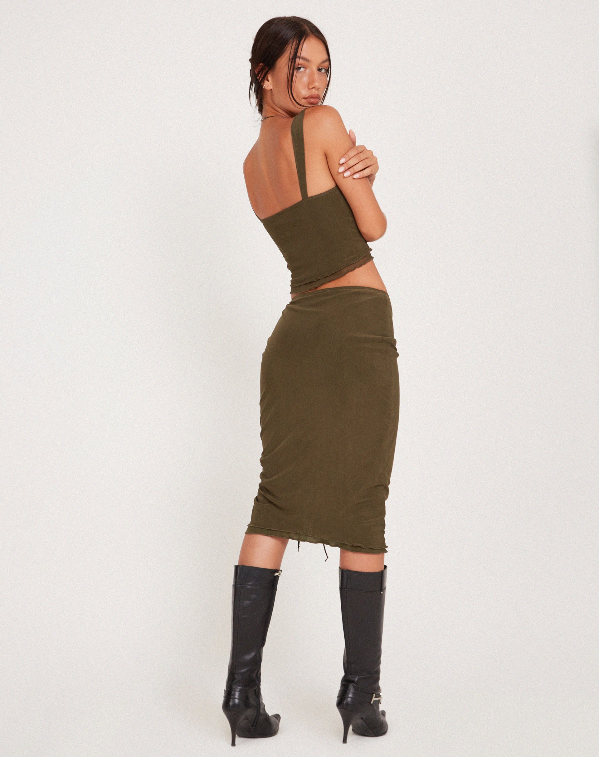 Dark khaki pencil skirt sale