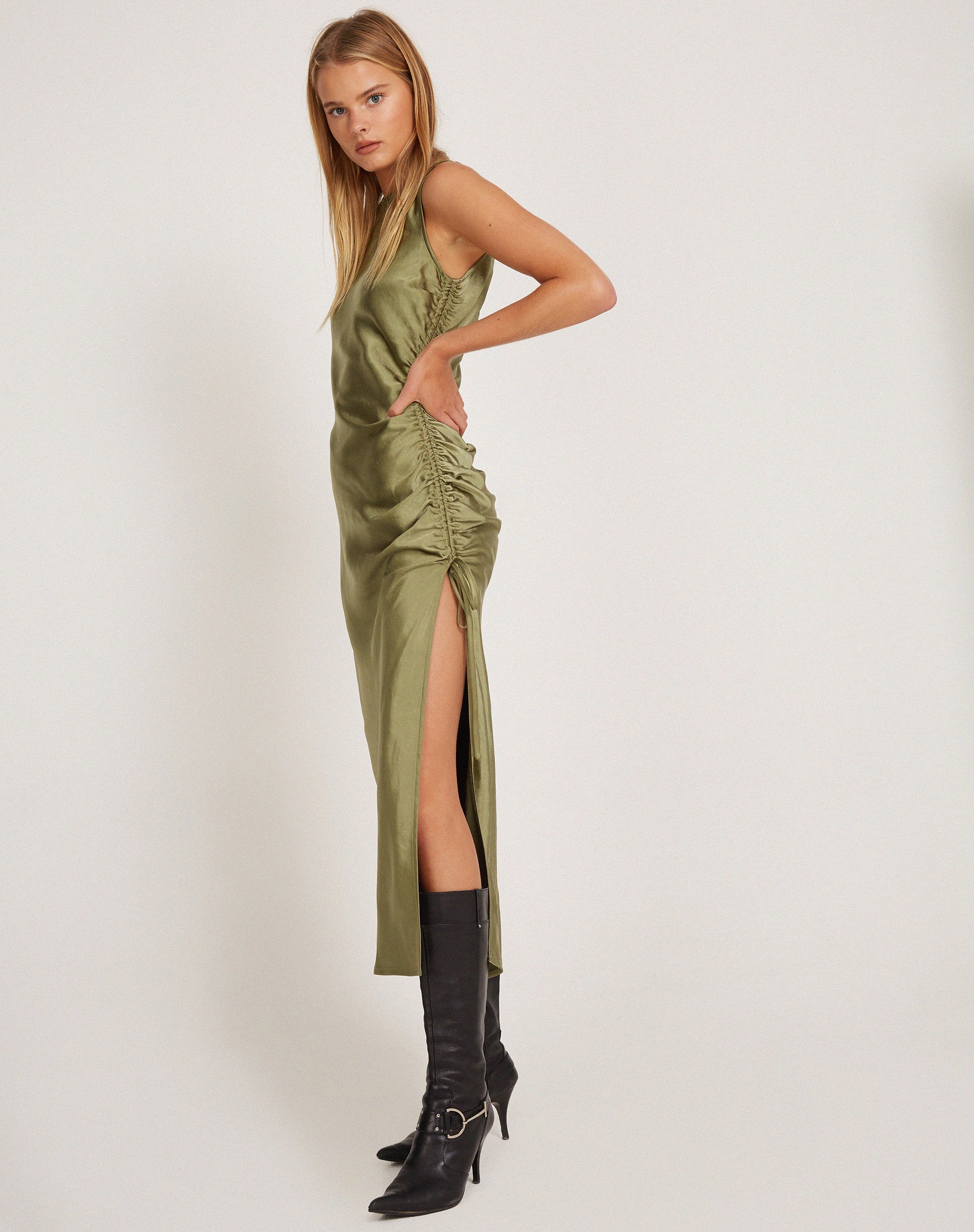 Khaki satin best sale midi dress