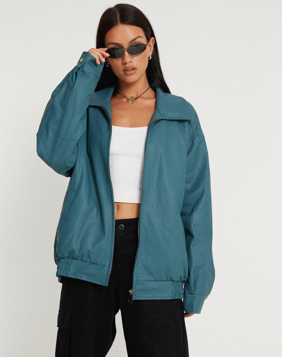 PU Grey Blue Collared Zip Up Jacket | Cavita – motelrocks.com