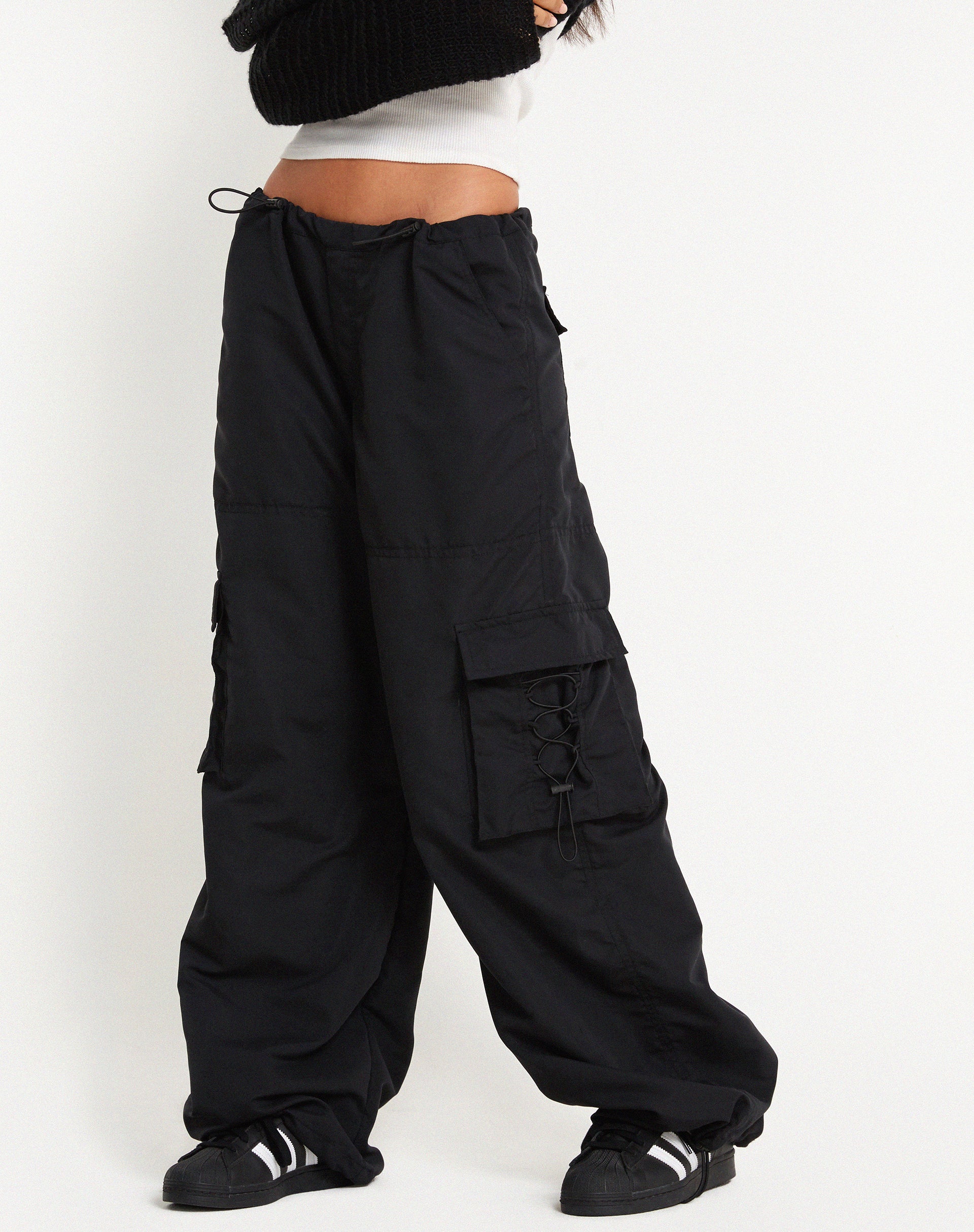 Petite black wide leg utility trousers | River Island