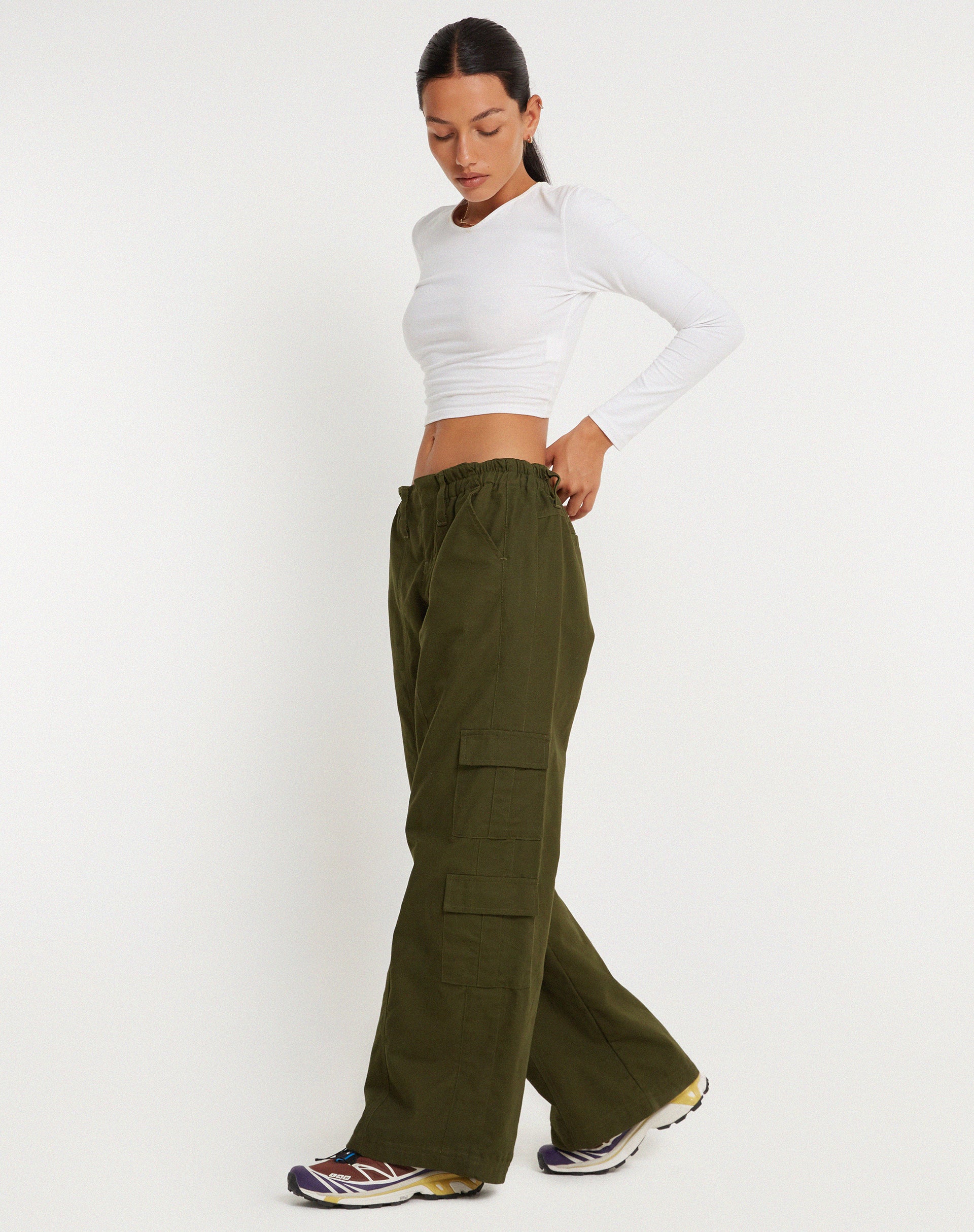 Dark Green Low Rise Cargo Trousers