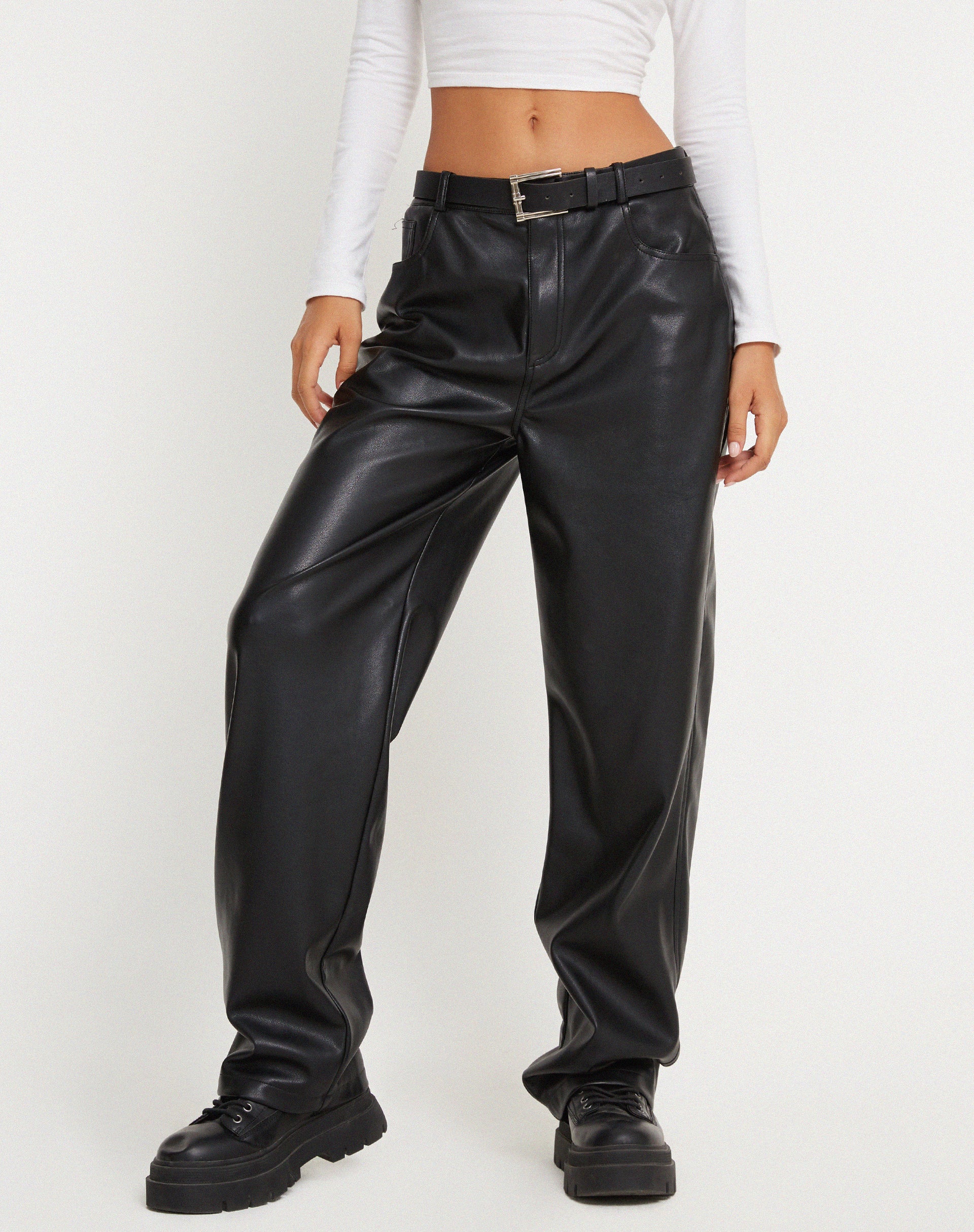 Faux Leather Pants With Contrast Binding  Red leather pants, Leather pants  women, Black leather pants