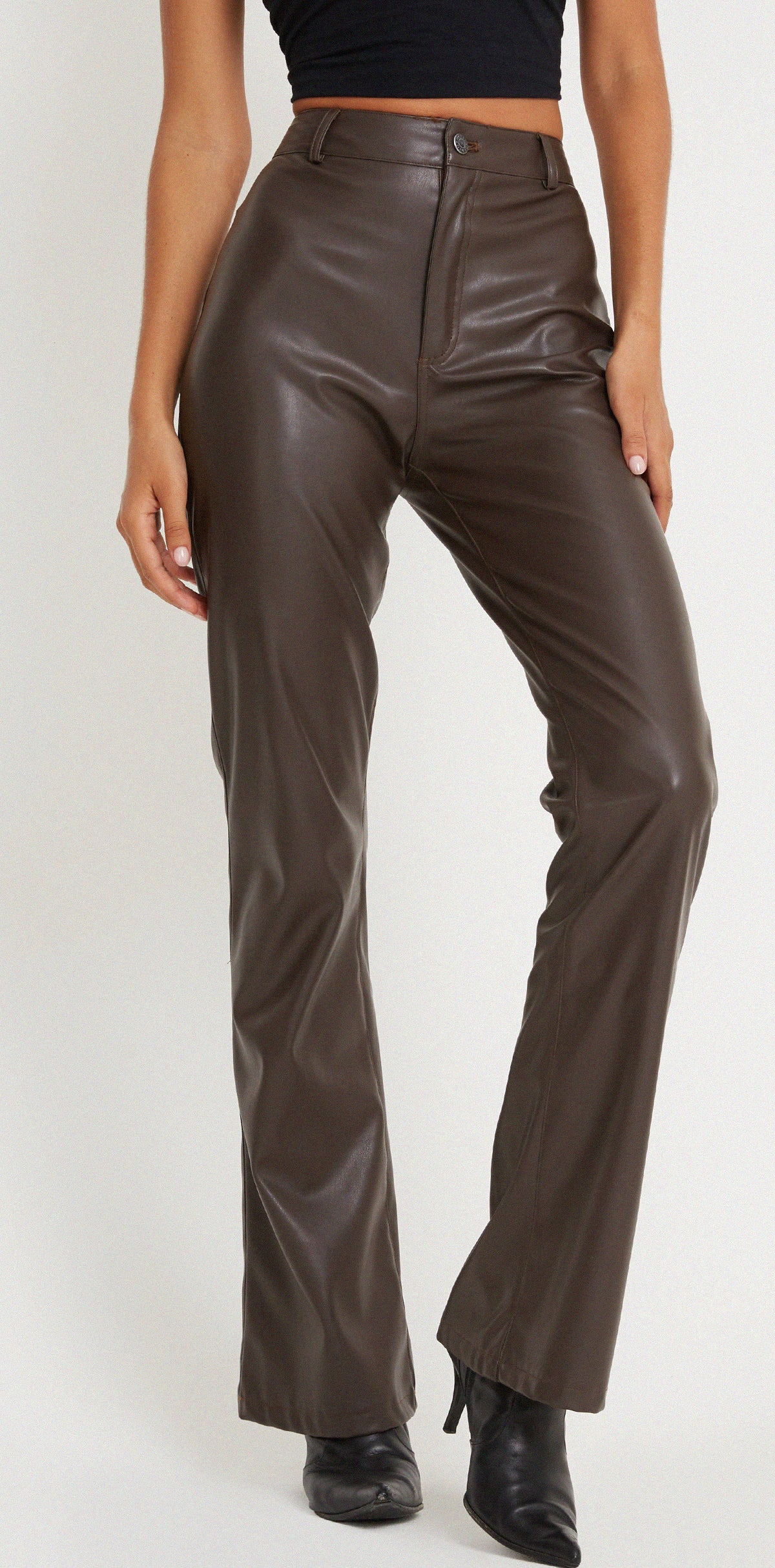 High Waist Pu Brown Flare Trouser | Zoven – motelrocks.com