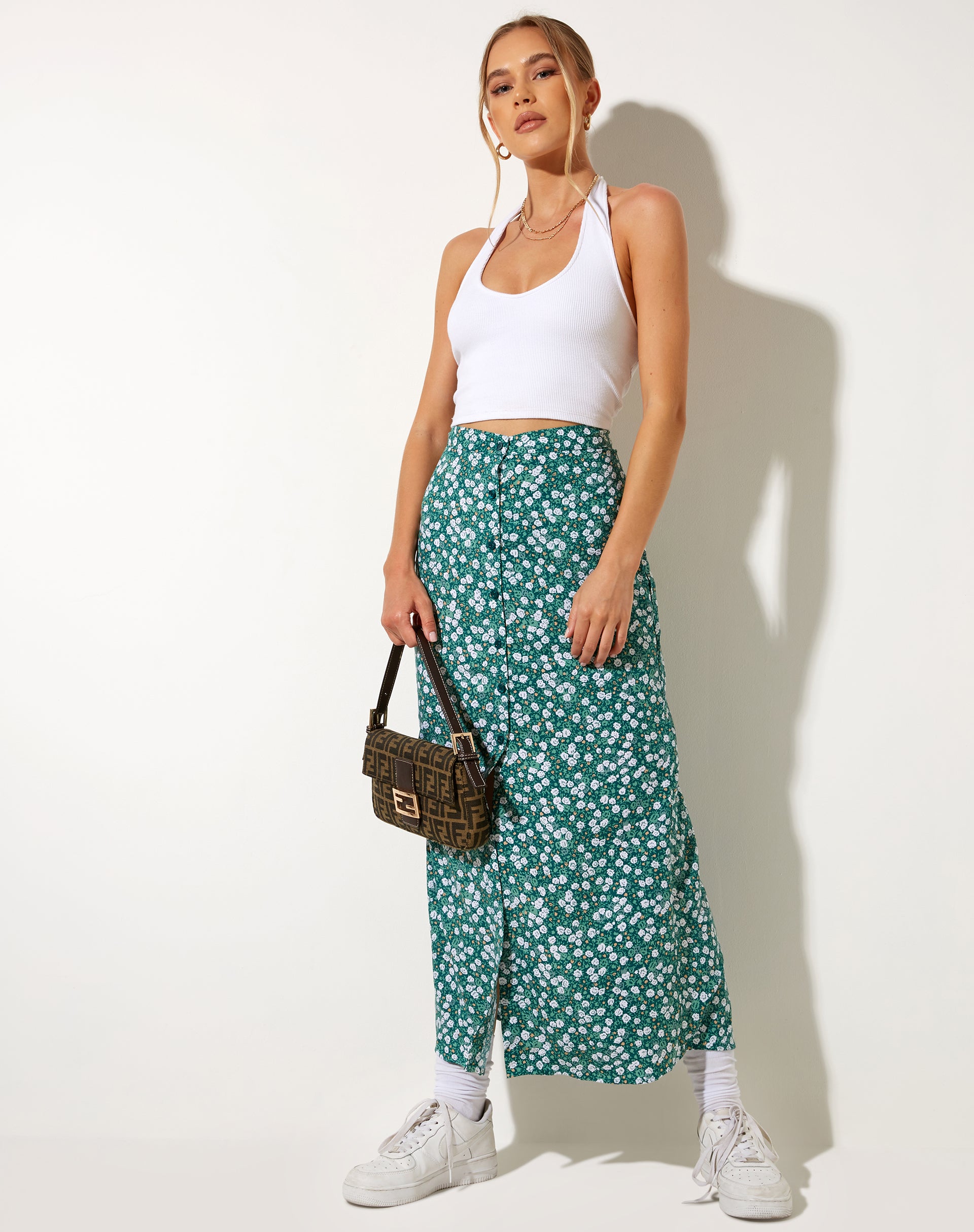 Light green shop floral midi skirt