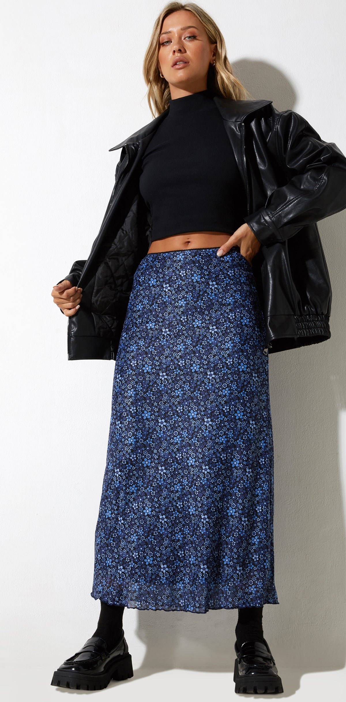 High Waist Blue Floral Midi Skirt | Rindu – motelrocks.com