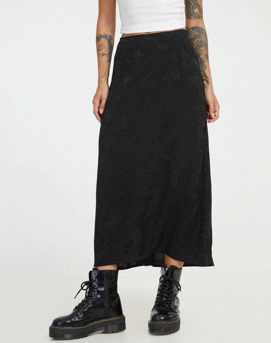 High Waist Black Floral Midi Skirt | Rindu – motelrocks.com