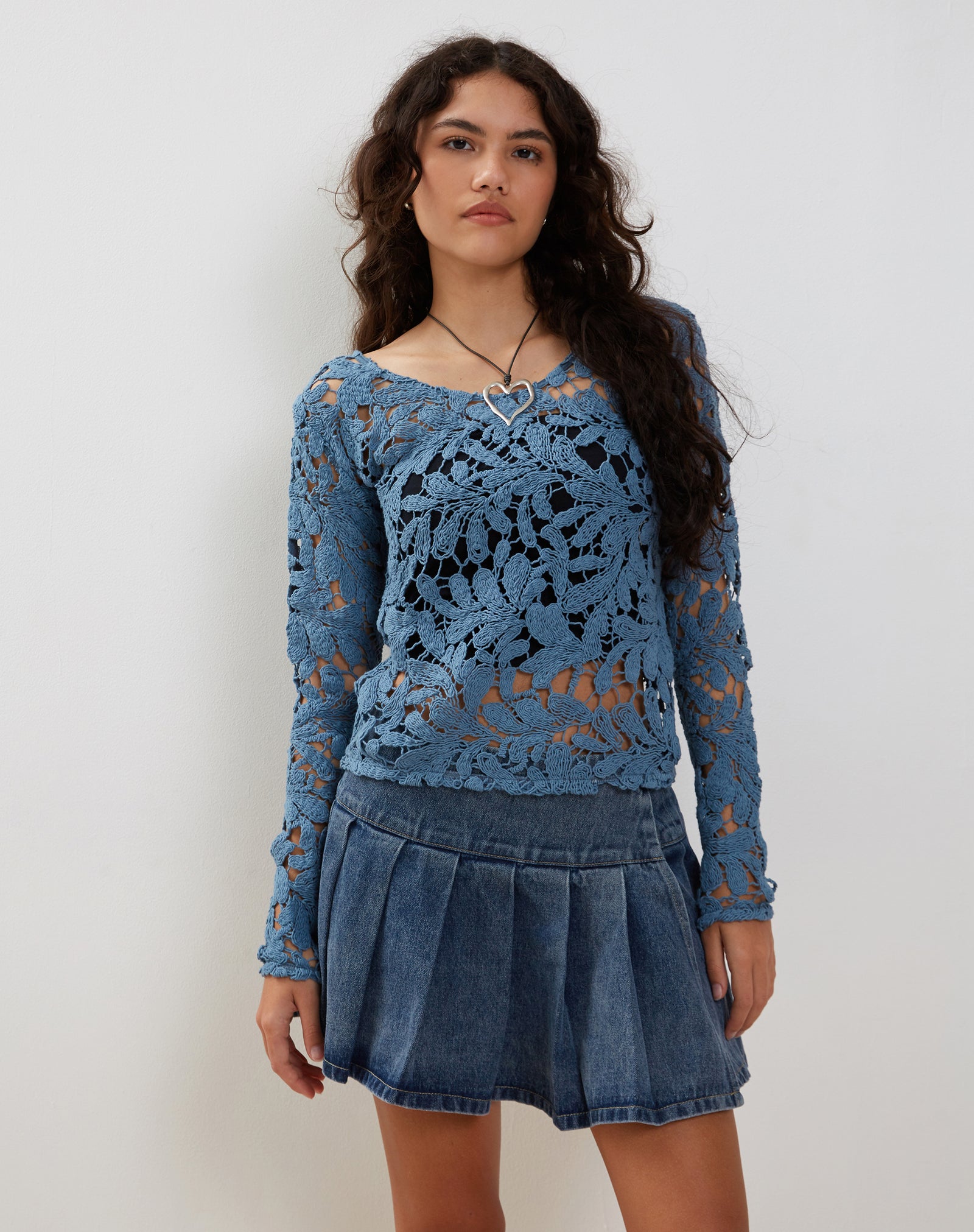 Moonlight Blue Floral Crochet Long Sleeve Top | Ripu – motelrocks.com