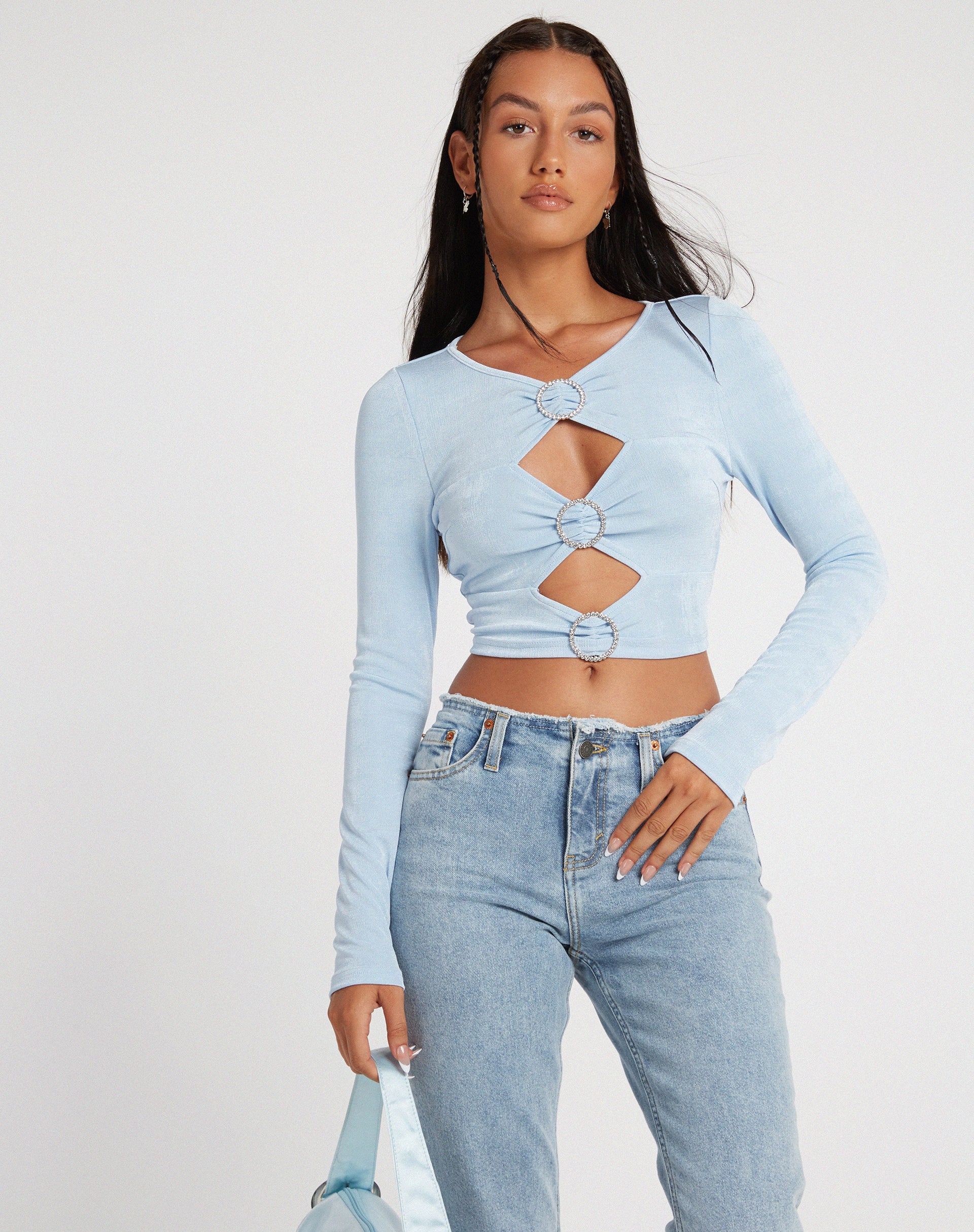 Missguided Navy Long Sleeve Satin Cropped Blouse