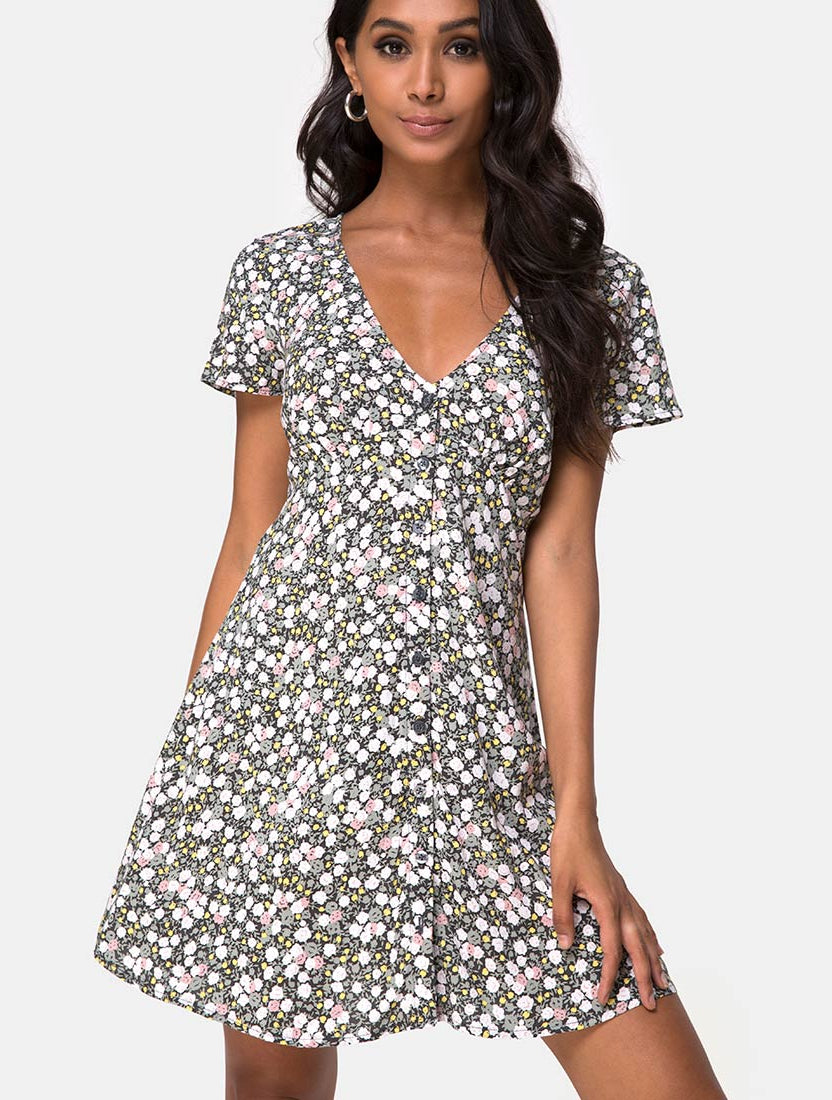 Green Floral Print Tea Dress | Sahara – motelrocks.com
