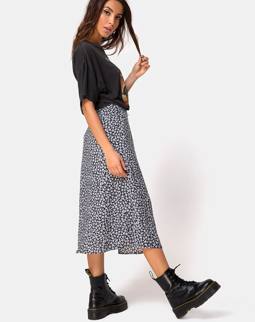 Saika Midi Skirt in Ditsy Rose Black – motelrocks.com