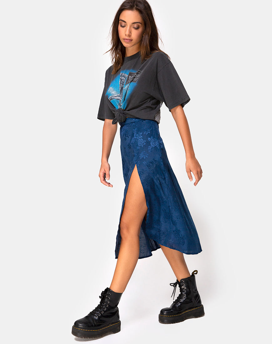 Saika Midi Skirt in Satin Rose Navy – motelrocks.com