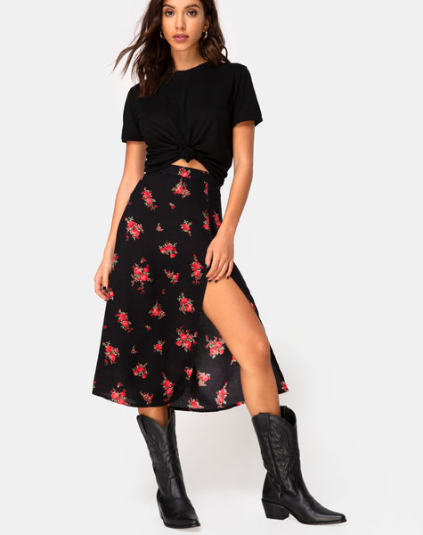 | Black Skirt – Midi Saika Floral Red Slit