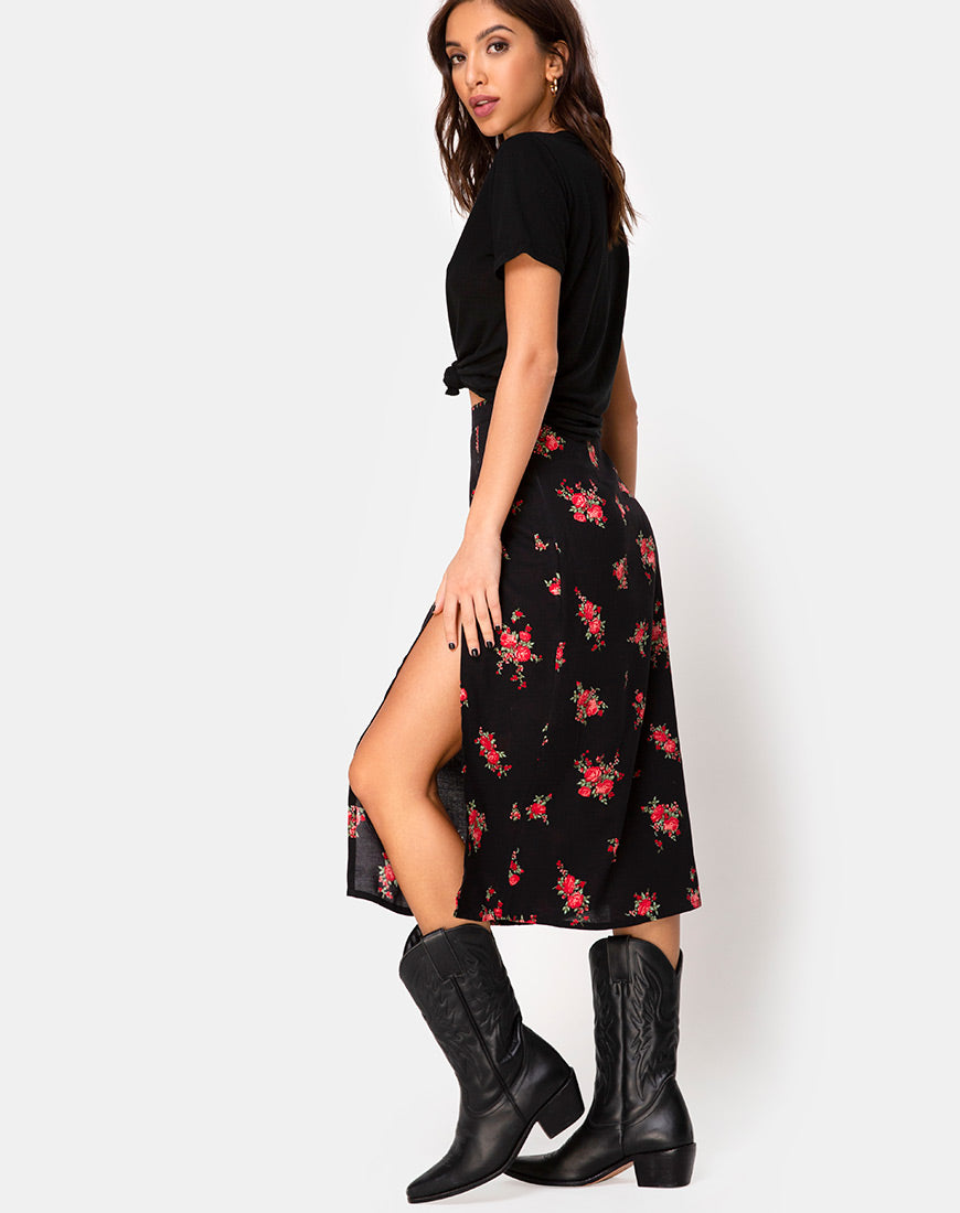 Long black skirt shop with red flowers