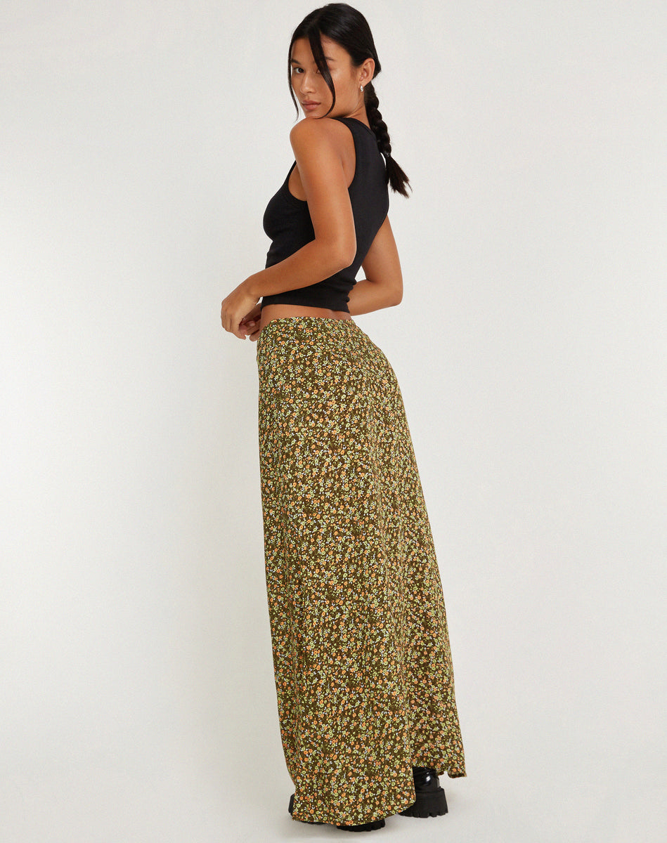 Khaki Floral Print Low Rise Maxi Skirt | Sayan – motelrocks.com
