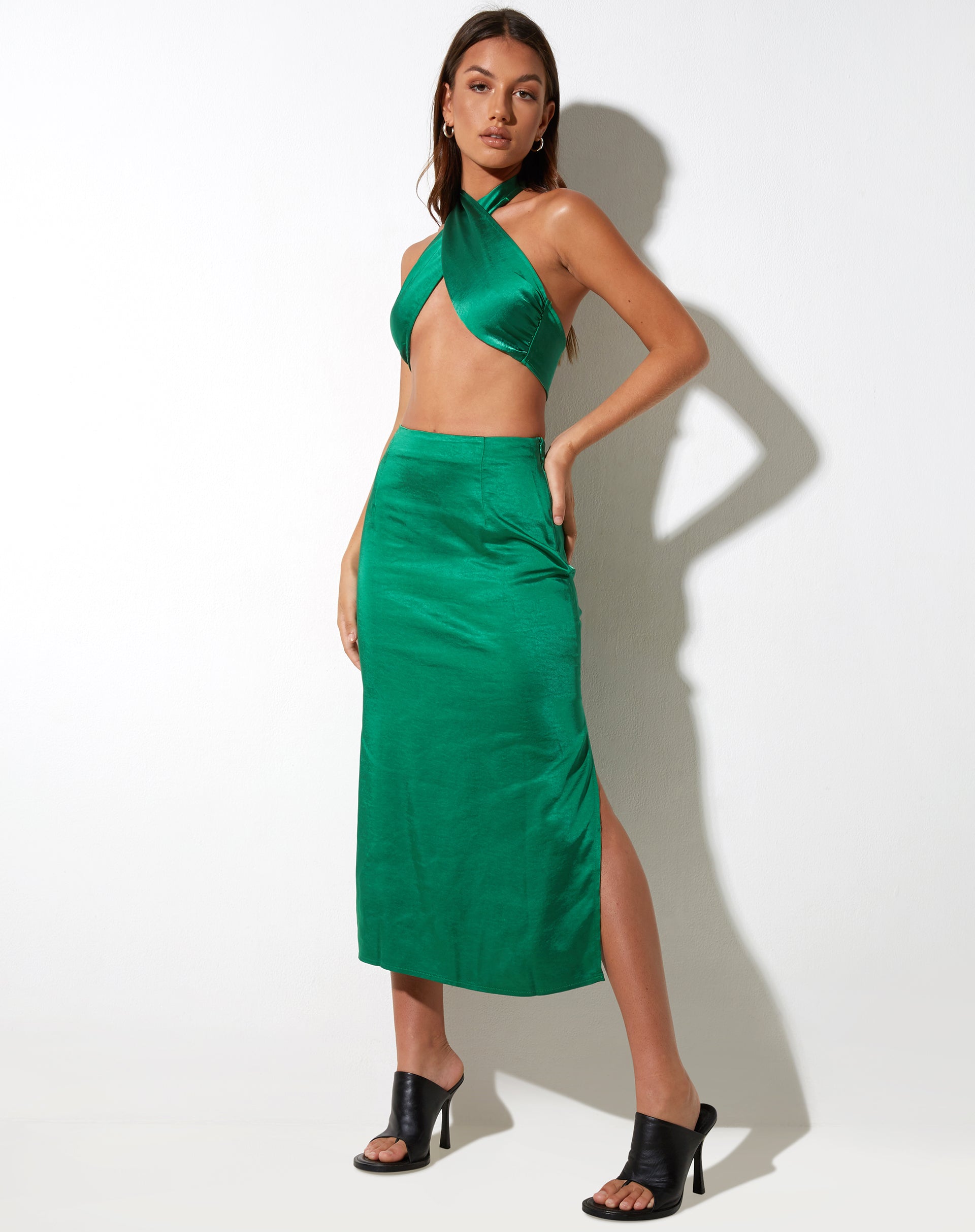 Green midi skirt outlet satin