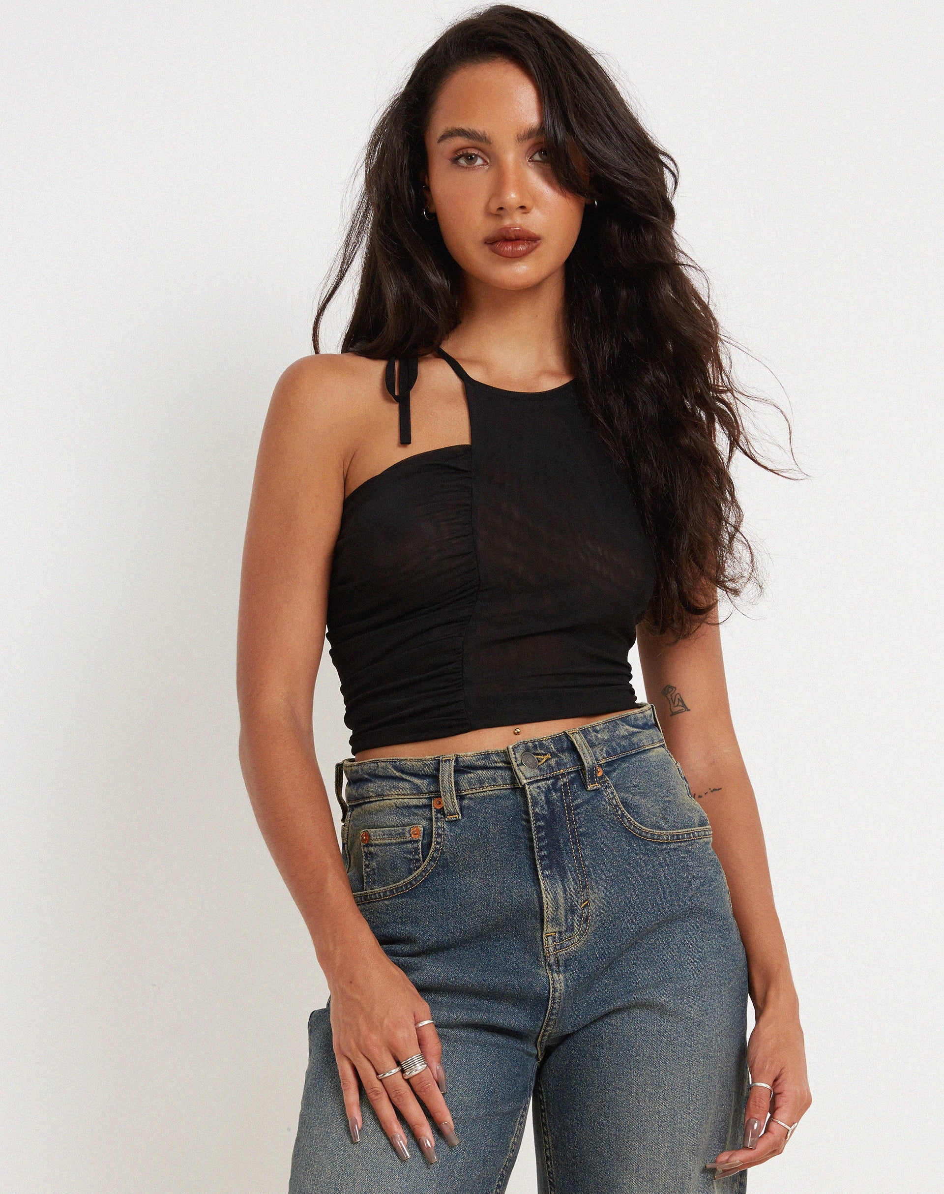 Black Ruched Tie Detail Crop Top | Sonja – motelrocks.com