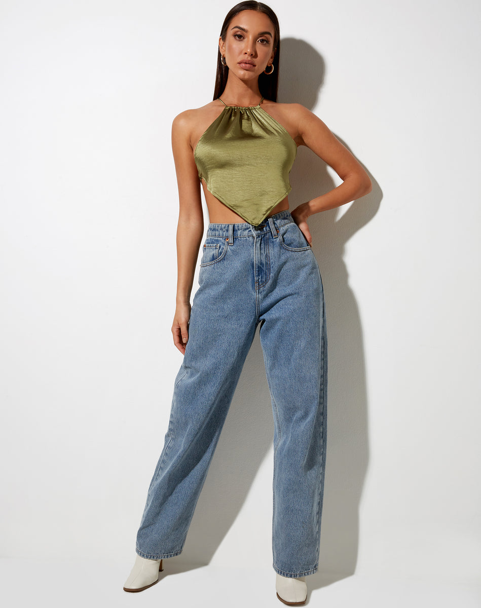 Backless Satin Green Diamond Crop Top | Spence – motelrocks.com