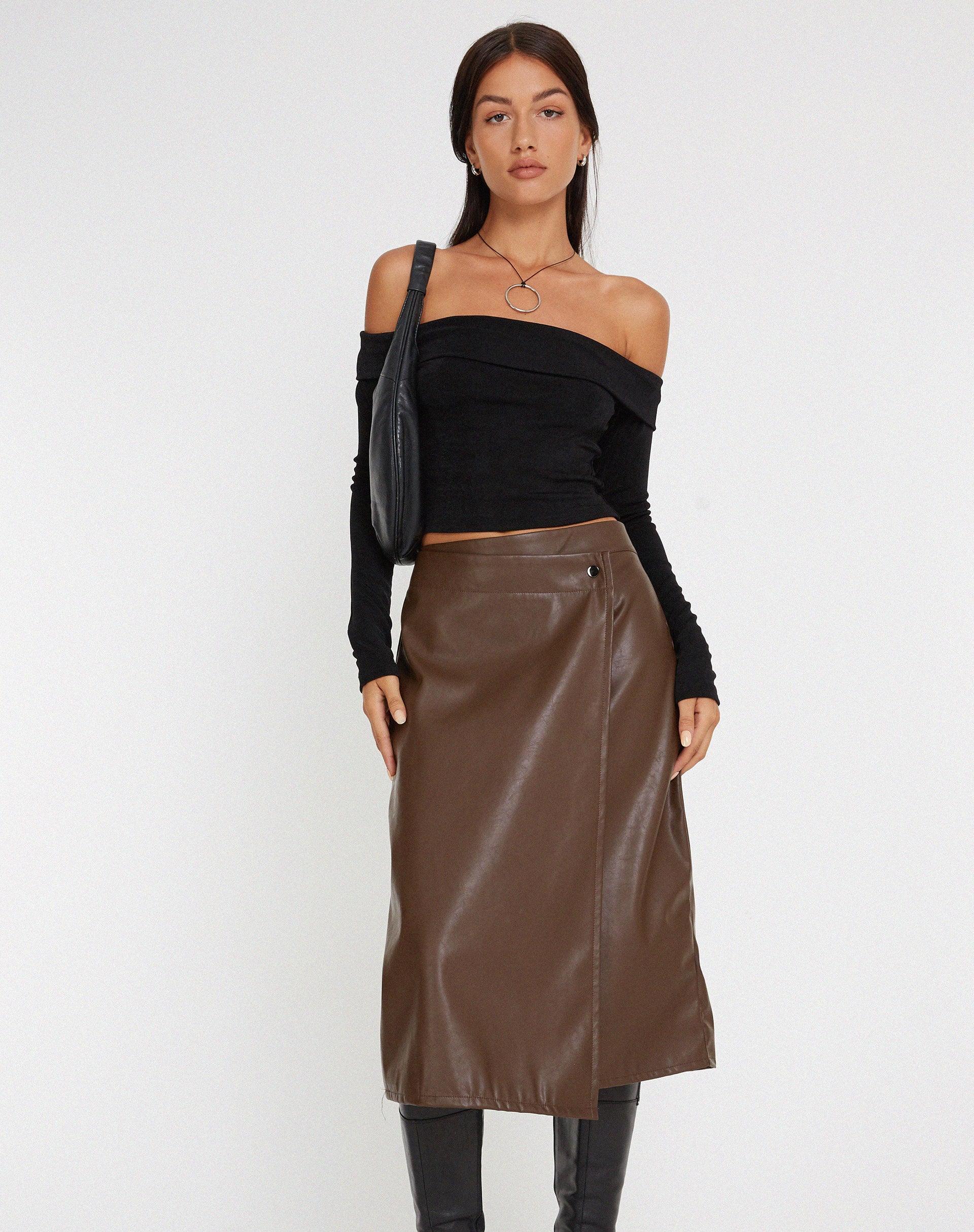 Brown real leather midi skirt best sale