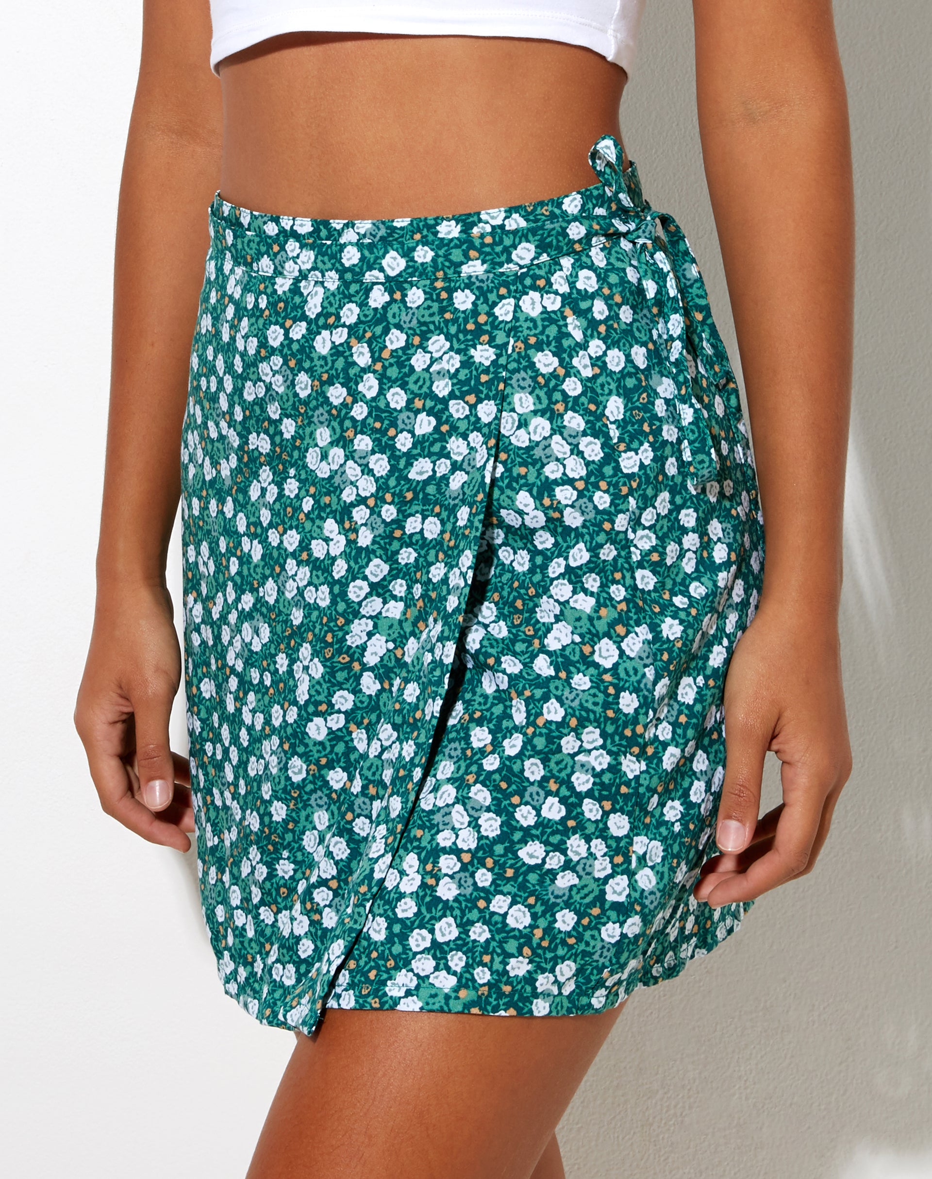 Green and White Floral Wrap Front Mini Skirt | Volto – motelrocks.com