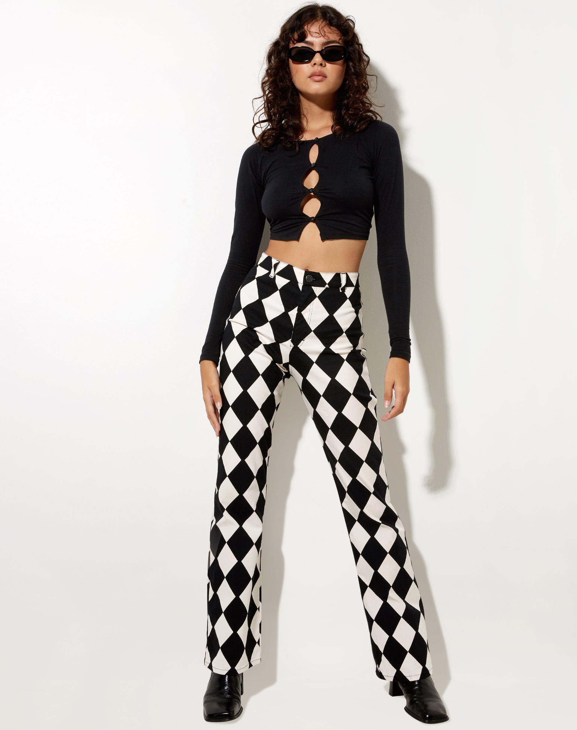 Black and White Harlequin Checkered Flare Trousers | Zoven