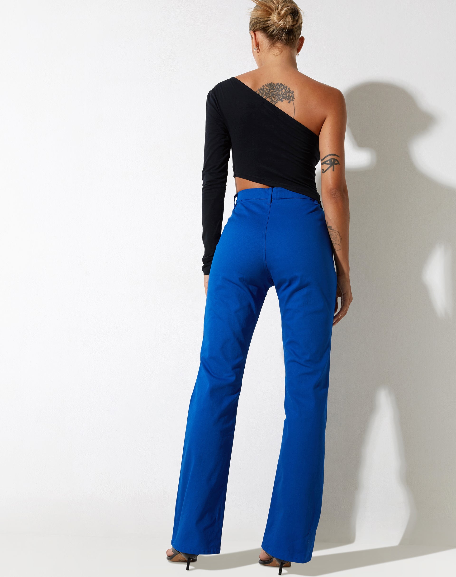 Blue flare hot sale trousers