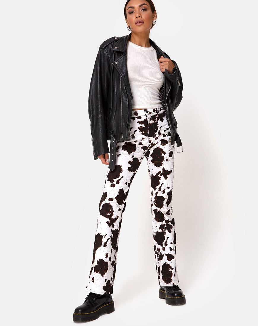 High Waist White and Brown Cow Flare Trouser | Zoven – motelrocks.com