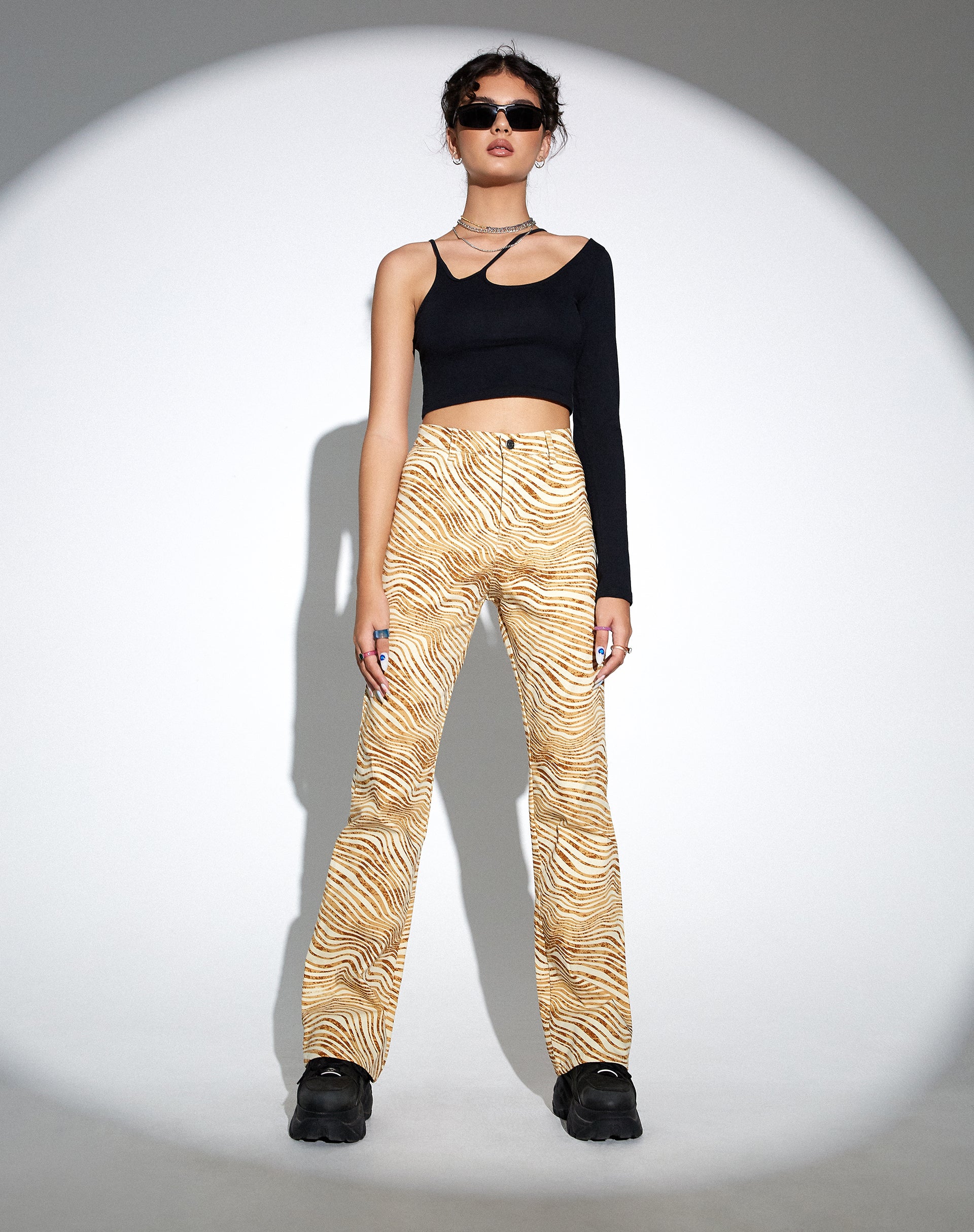 Tan Desert Terrain Print Flare Trouser | Zoven – motelrocks.com