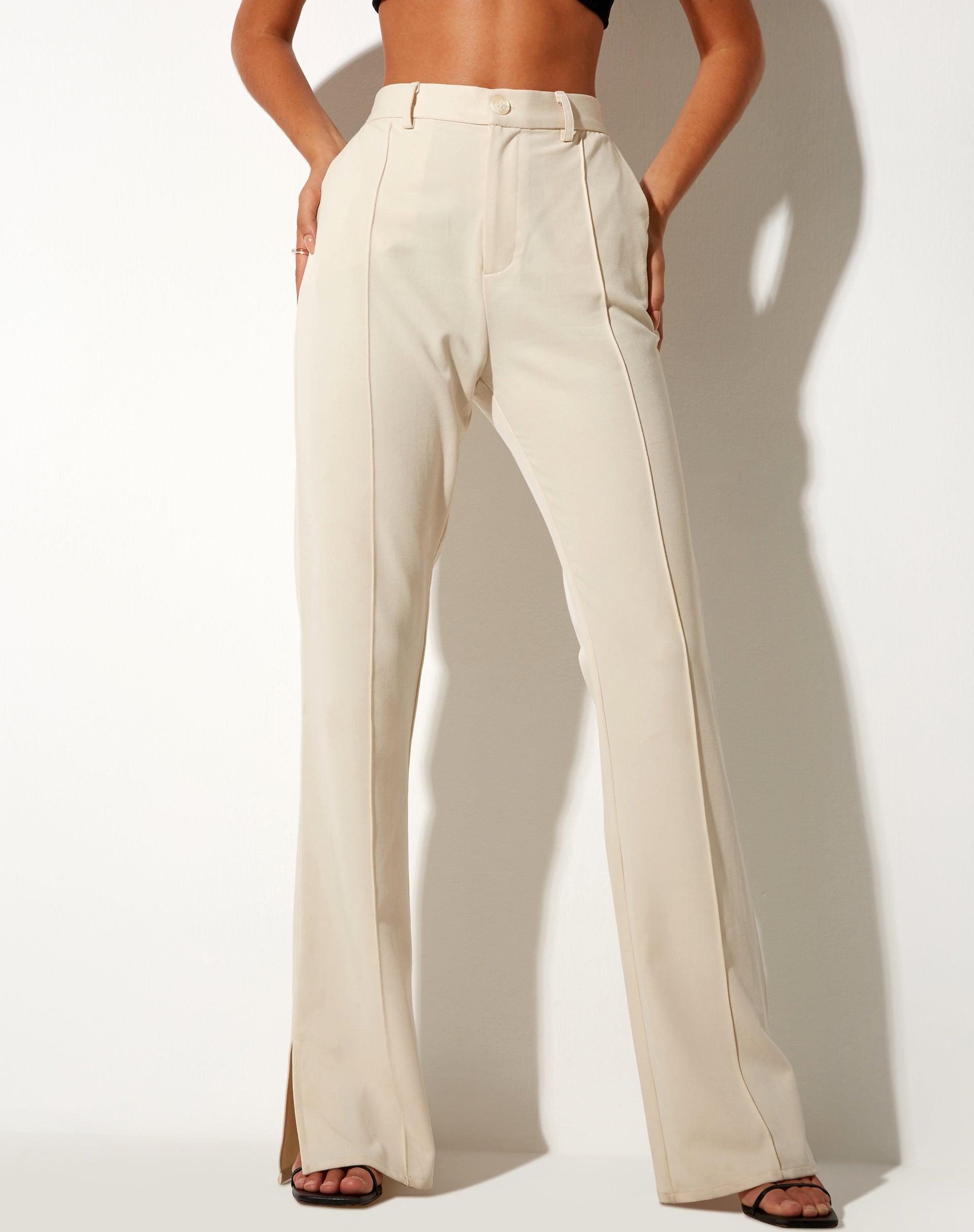 High Waisted Side Hem Split Tailored Cream Trousers | Zovey ...